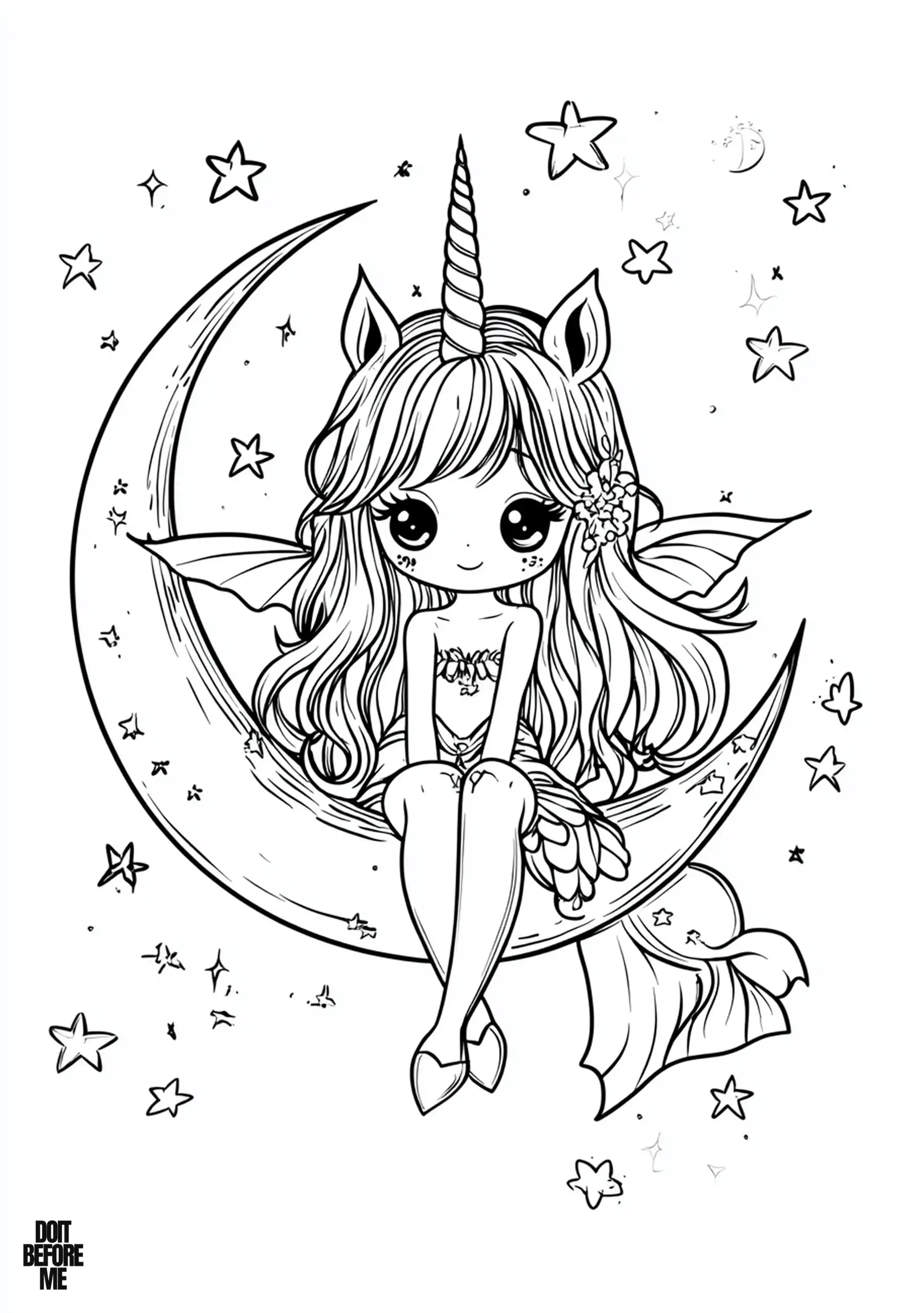 Coloring page of a petite magical girl who sits on a crescent moon. She has a unicorn horn rising from her forehead and she has long wavy hair. She has small wings extend from her back. Her eyes are large and gentle and stars of different sizes float around her.