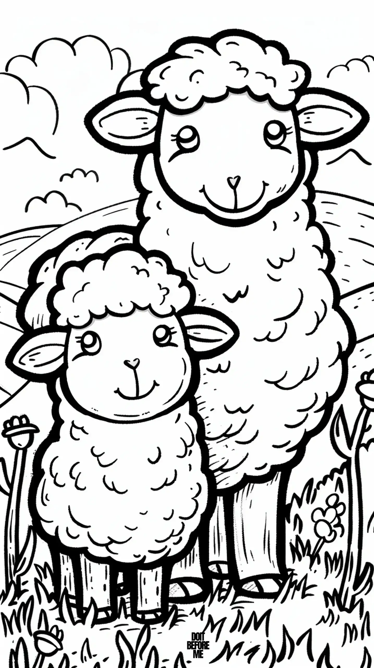 Coloring page of a mother sheep and its baby lamb half the size of its mother.