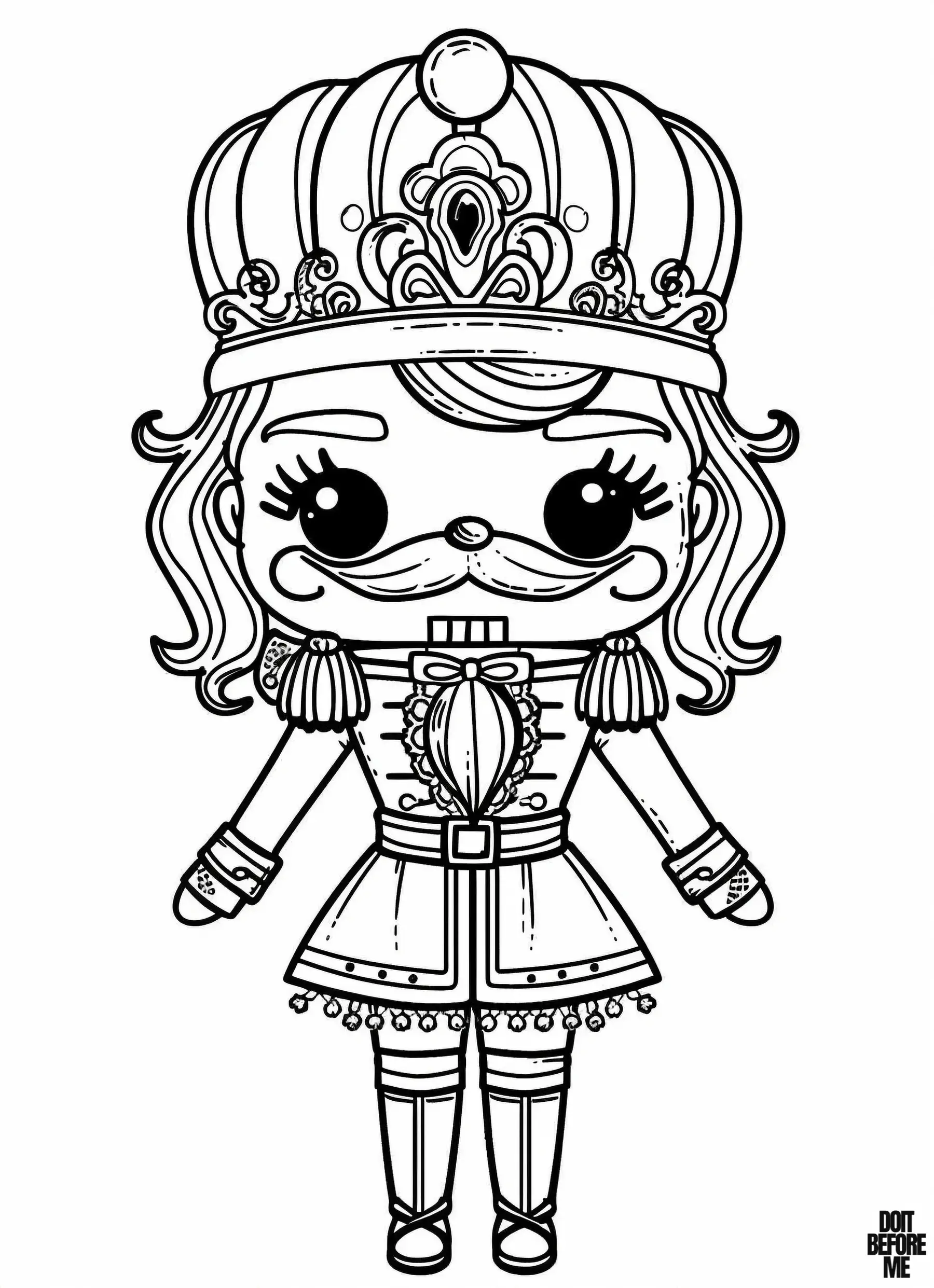 A nutcracker doll coloring page with a detailed design, featuring a sweet facial expression and a sympathetic, formal outfit.