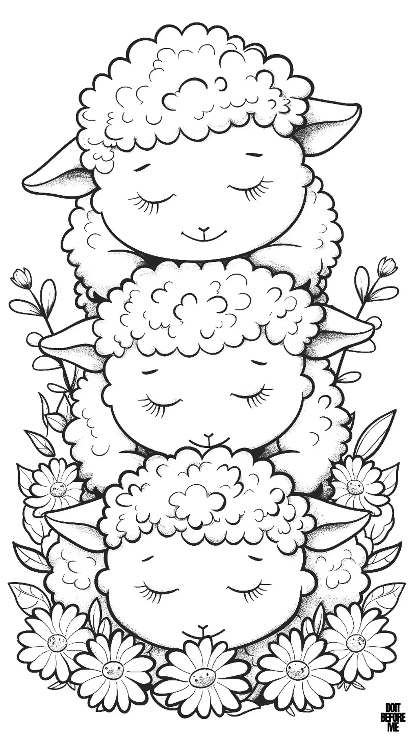 A coloring page with flowers at the bottom and three baby sheep sleeping on top of each other with their eyes closed.