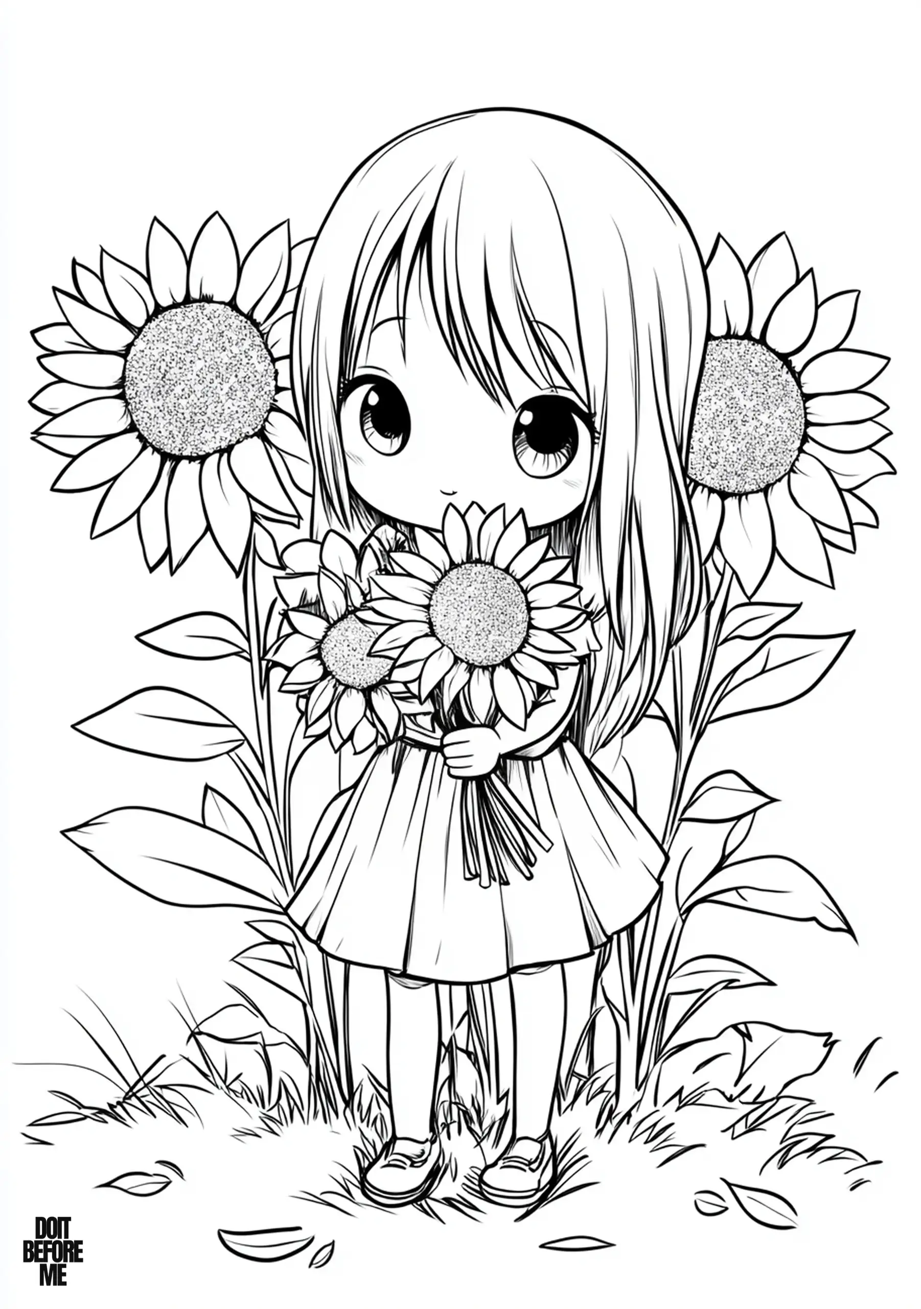 Cute girl standing with a bouquet of sunflowers, large petals and leaves behind her; simple summer coloring for children.