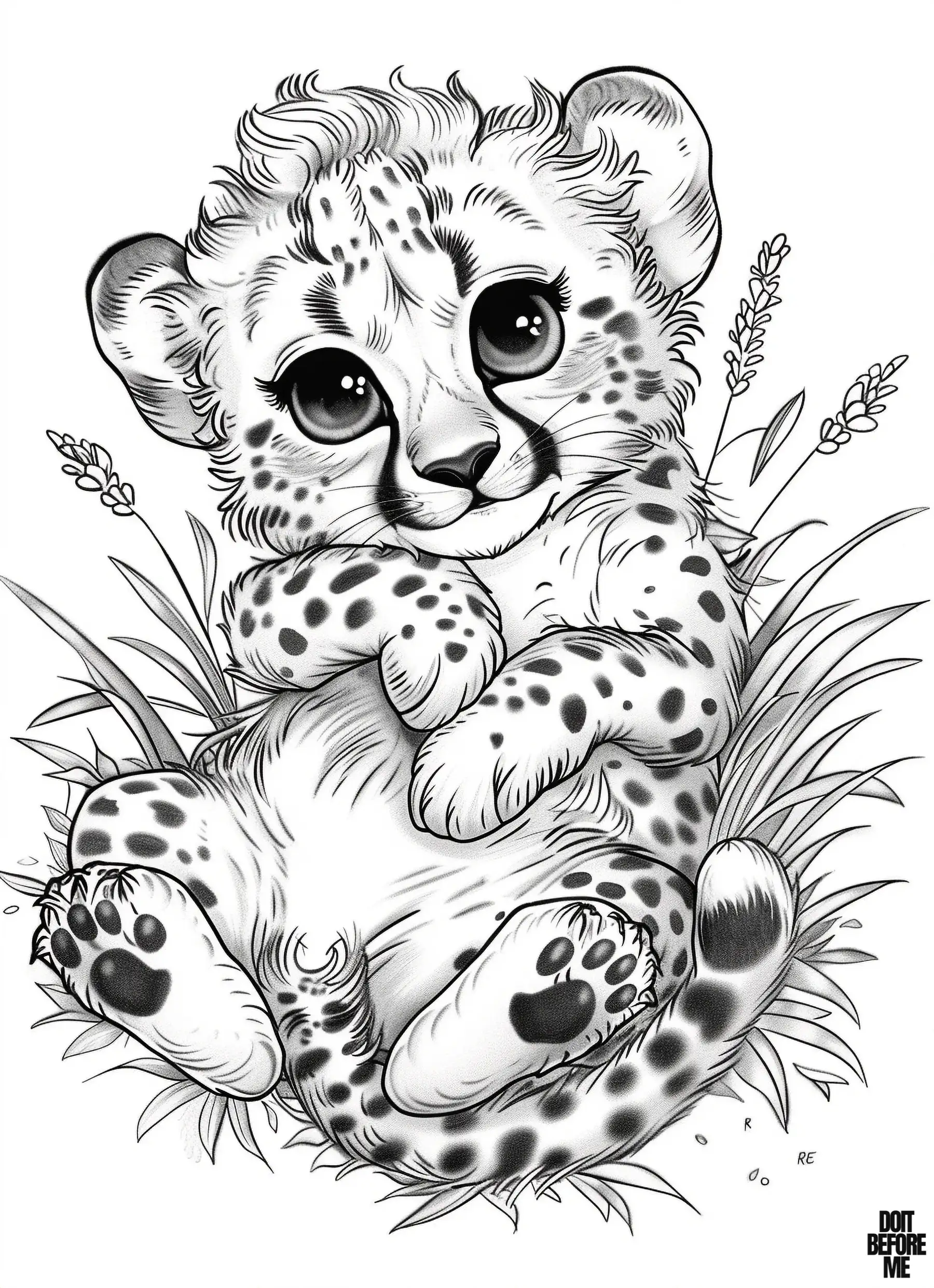 Printable coloring page depicting a cute and handsome cheetah cub with combed wavy hair lying on its back in the savanna grass, awaits either its mother or siblings. It features a realistic design, suitable for adults to color, yet also appealing to children due to its adorable design.