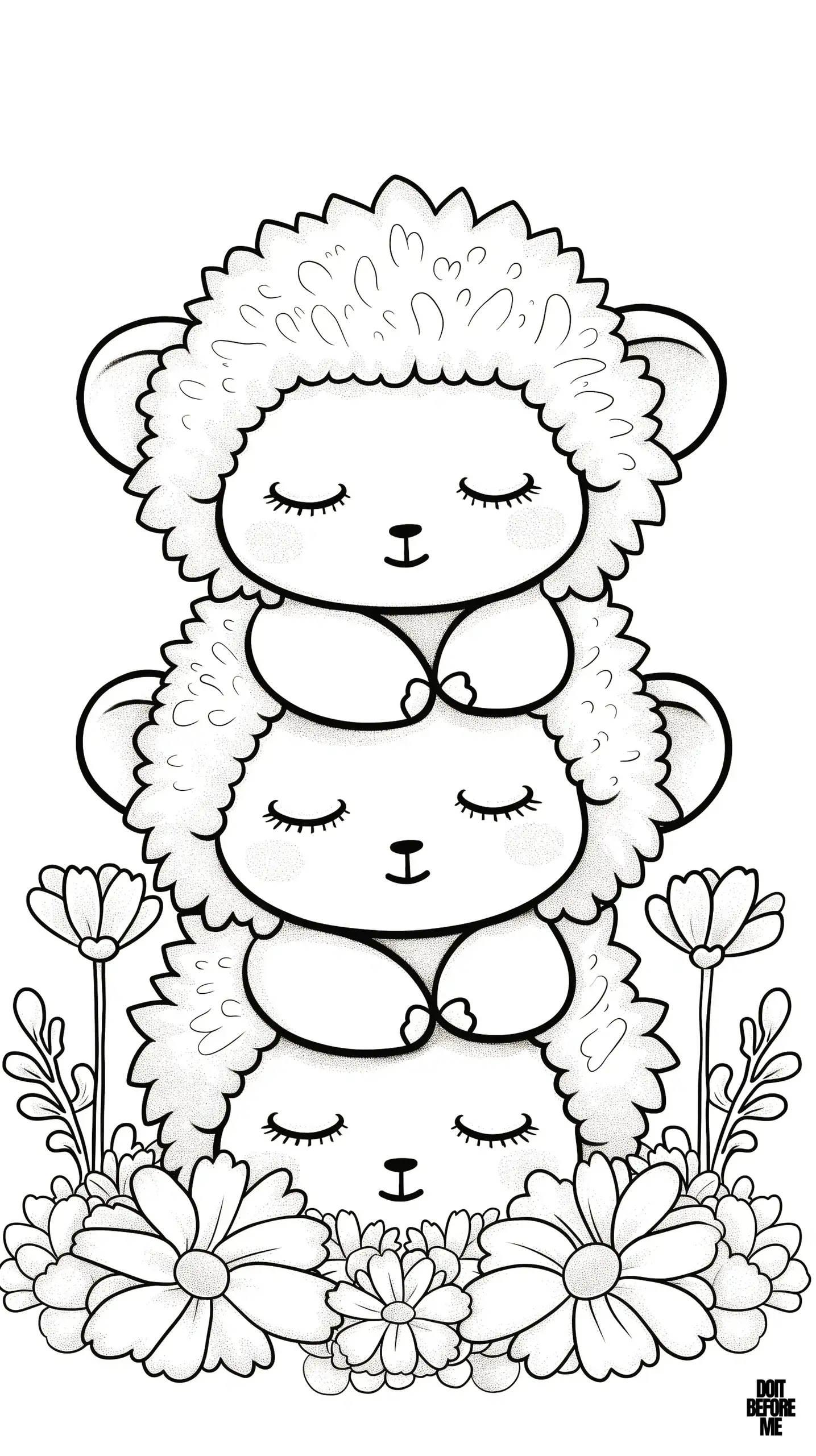 A simple coloring page for children that is easy to color, featuring three little sleeping sheep, with a few flowers in the background.