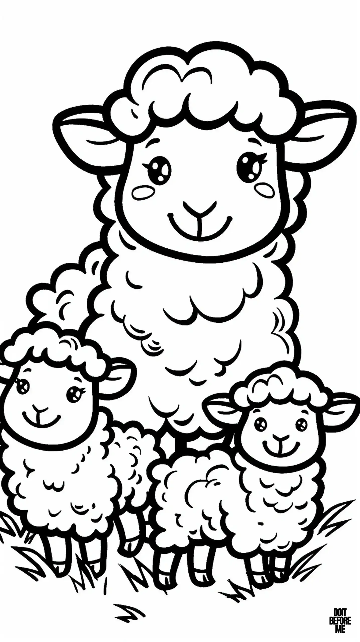 Cute mother sheep out to graze with her two little babies coloring page.