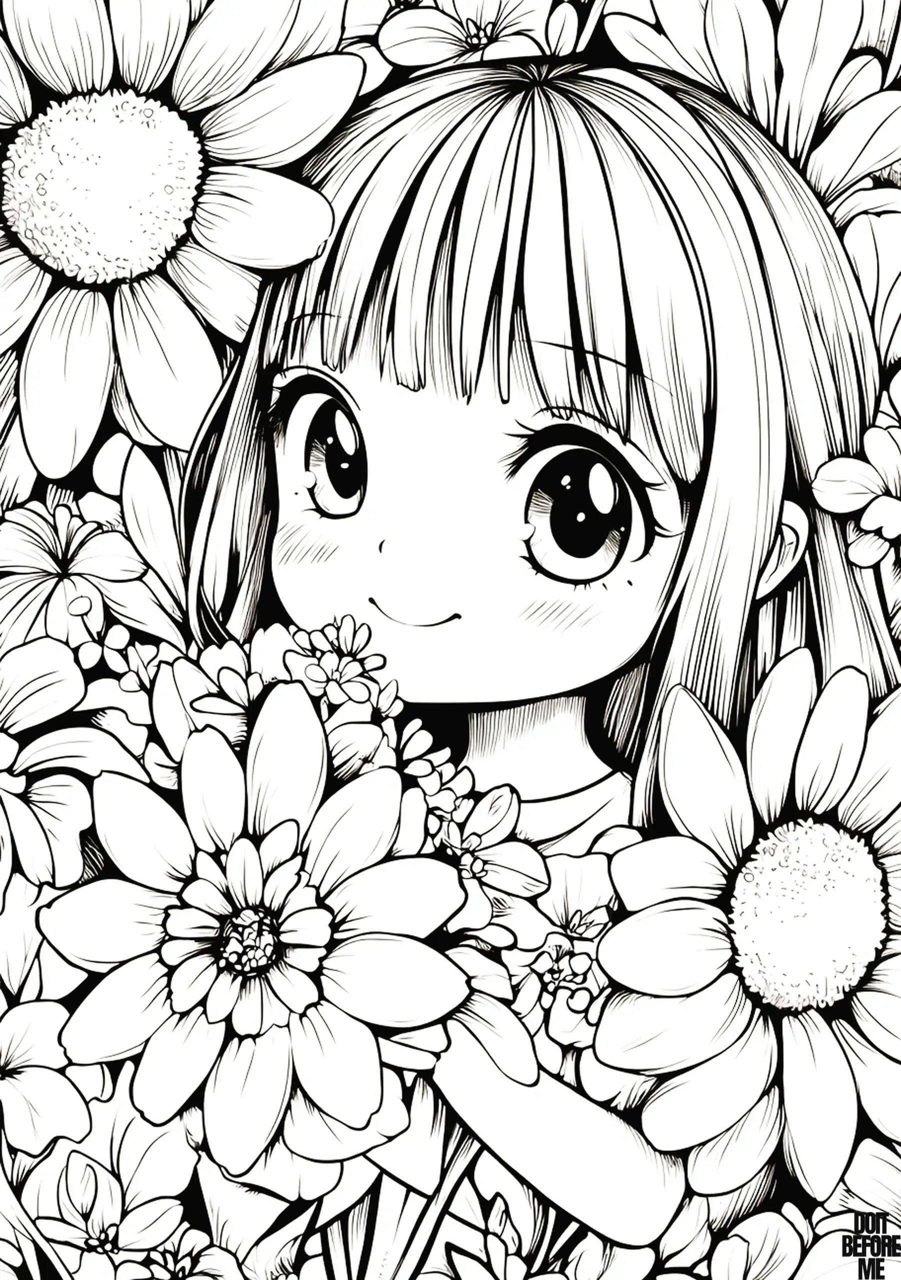 Anime style girl portrait nestled among big garden flowers with detailed petals and leaves; printable floral coloring page for kids.
