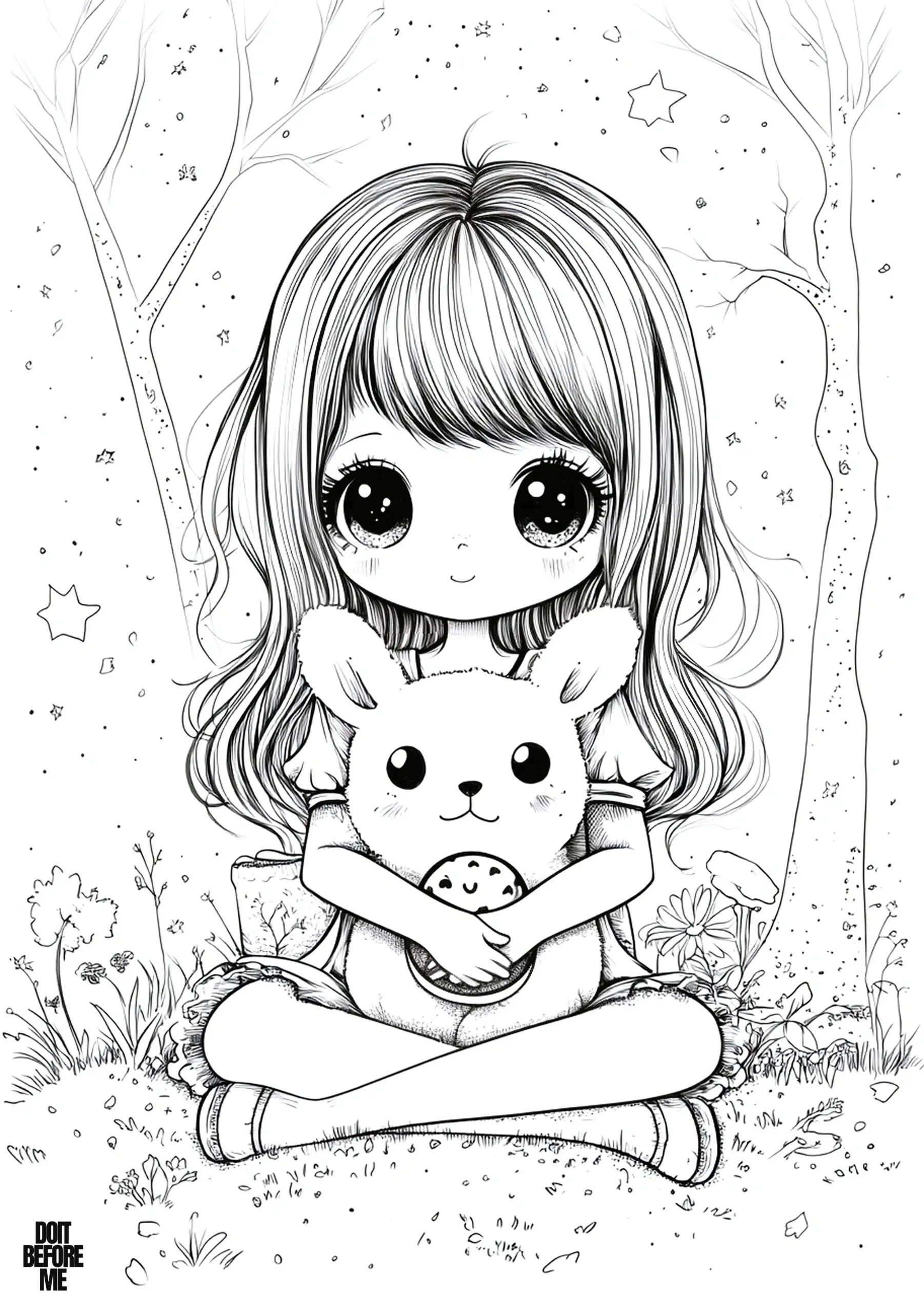 Kawaii girl sitting cross-legged in a meadow hugging a bunny plush, stars and trees in the background; easy printable coloring sheet for kids.