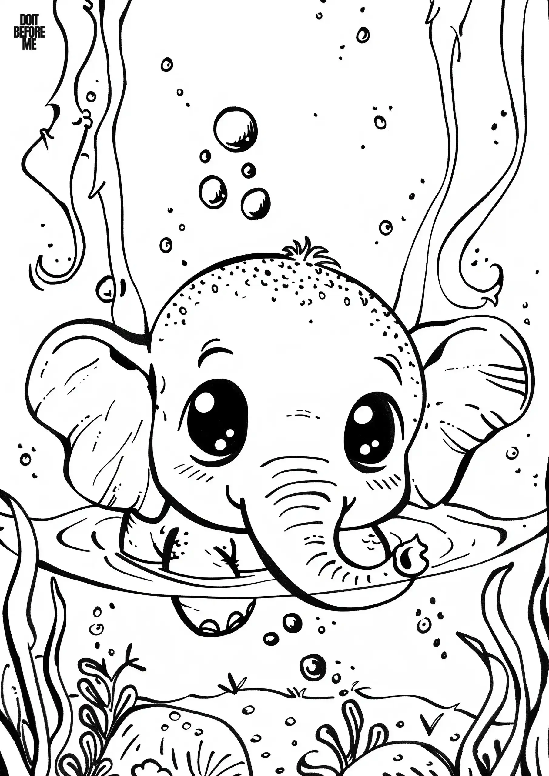 Baby elephant swimming against a background full of bubbles and aquatic plants.