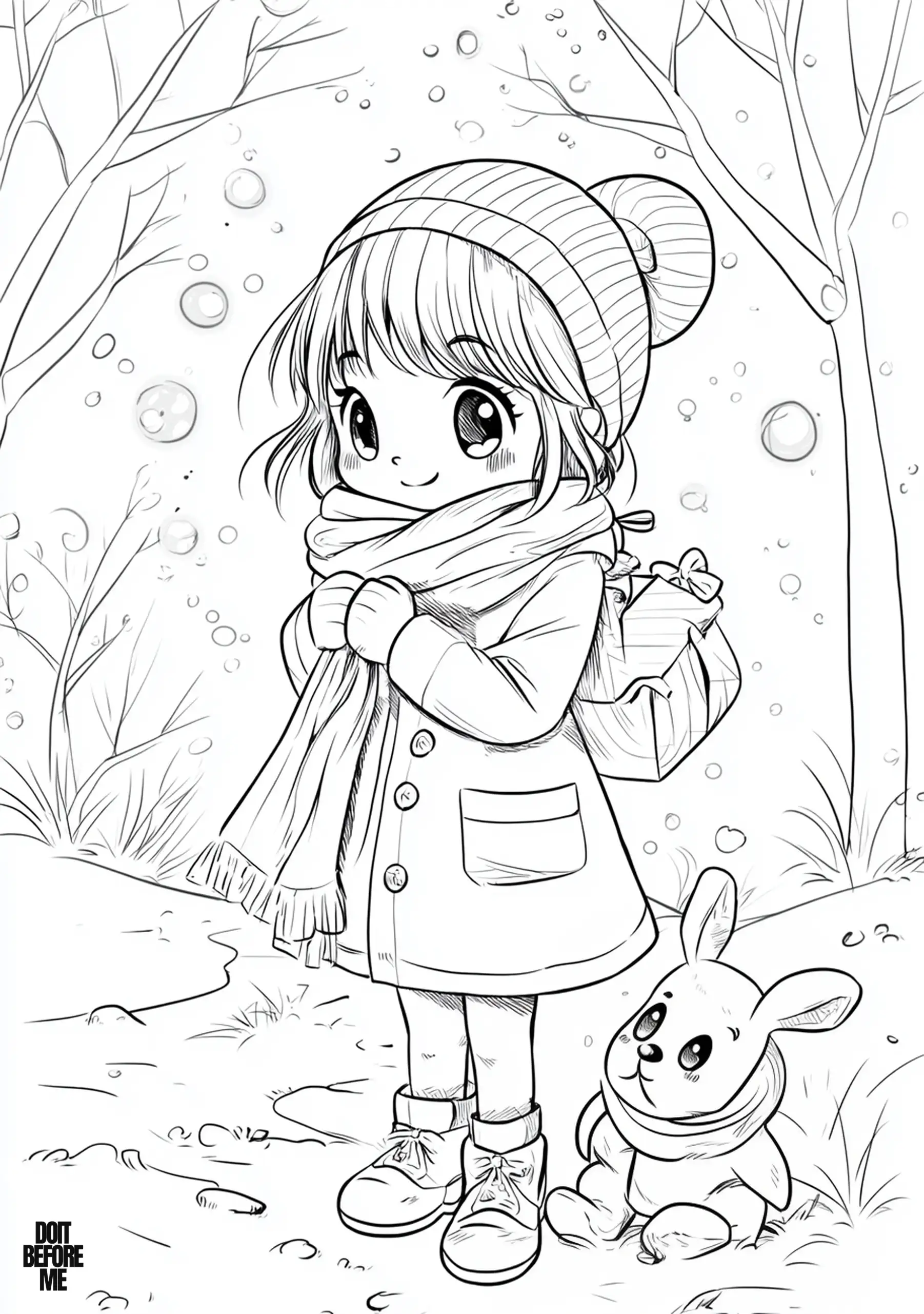 Girl in coat, scarf, and beanie walking a snowy path with a small bunny by her feet.