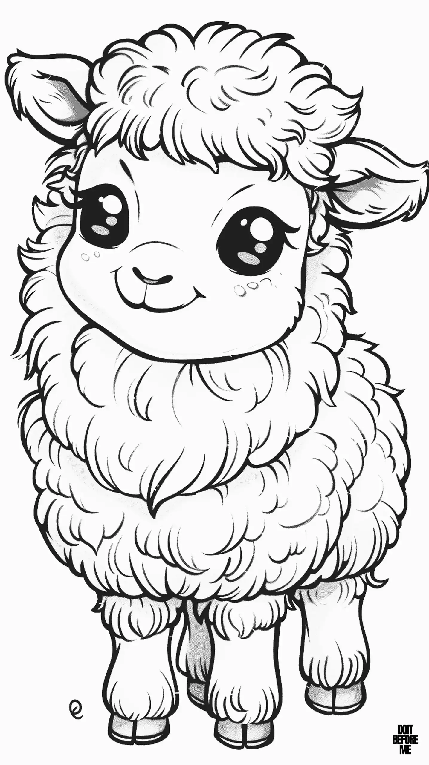 Coloring page of a woolly sheep smilingly looking with big eyes with a detailed design.