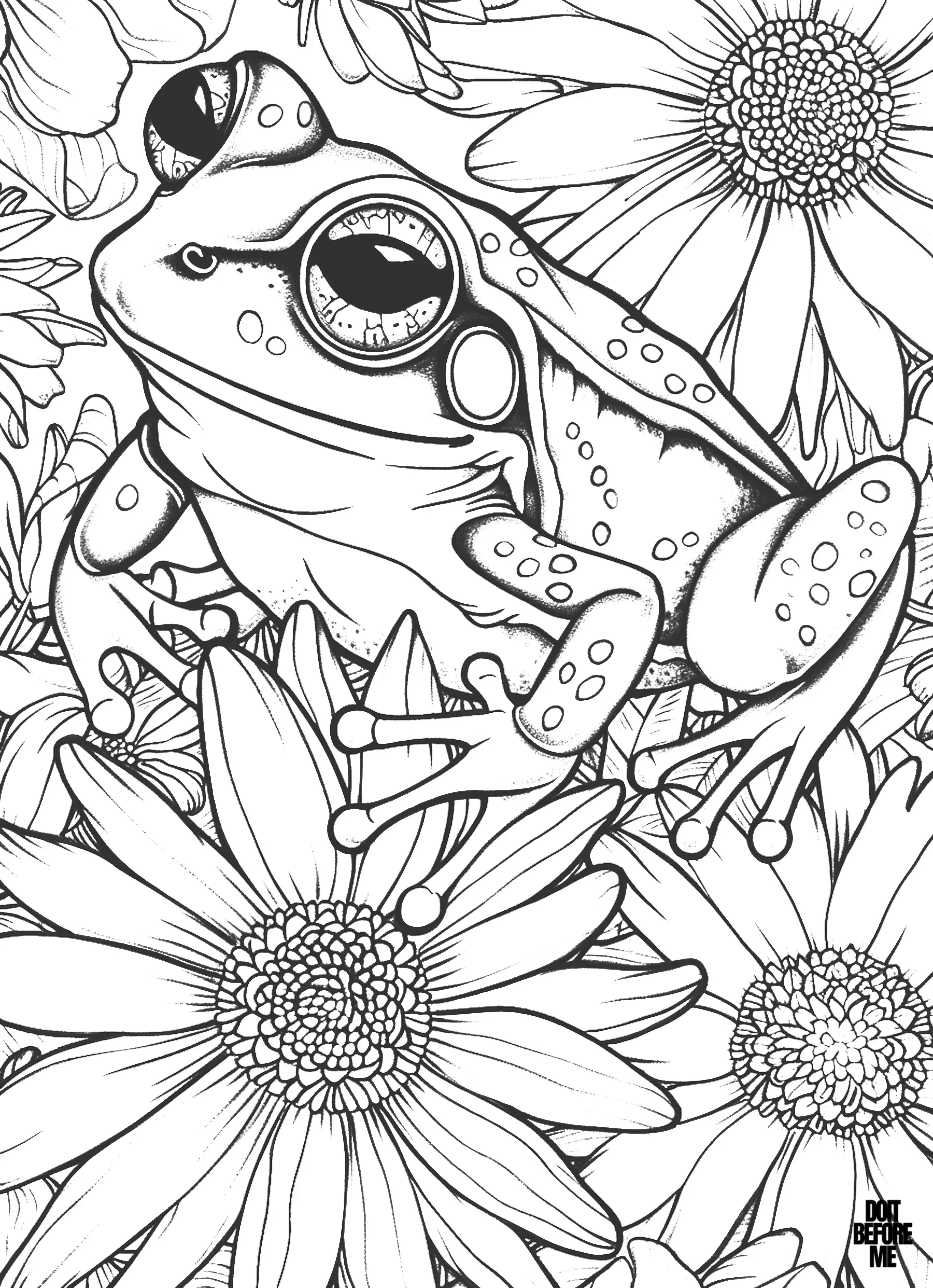 Aesthetic realistic frog coloring page surrounded by flowers.