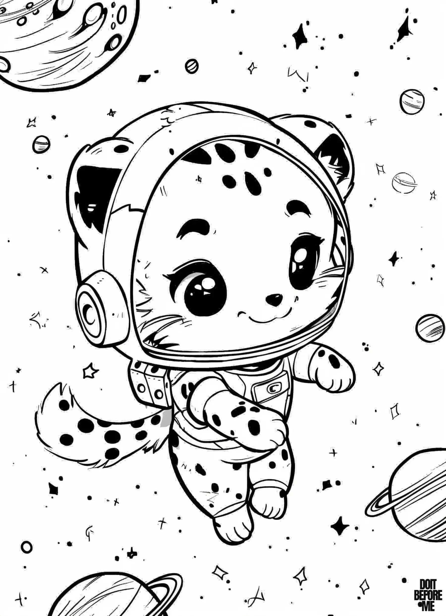 A baby cheetah wearing an astronaut suit is depicted exploring the depths of space on a coloring page, surrounded by planets.