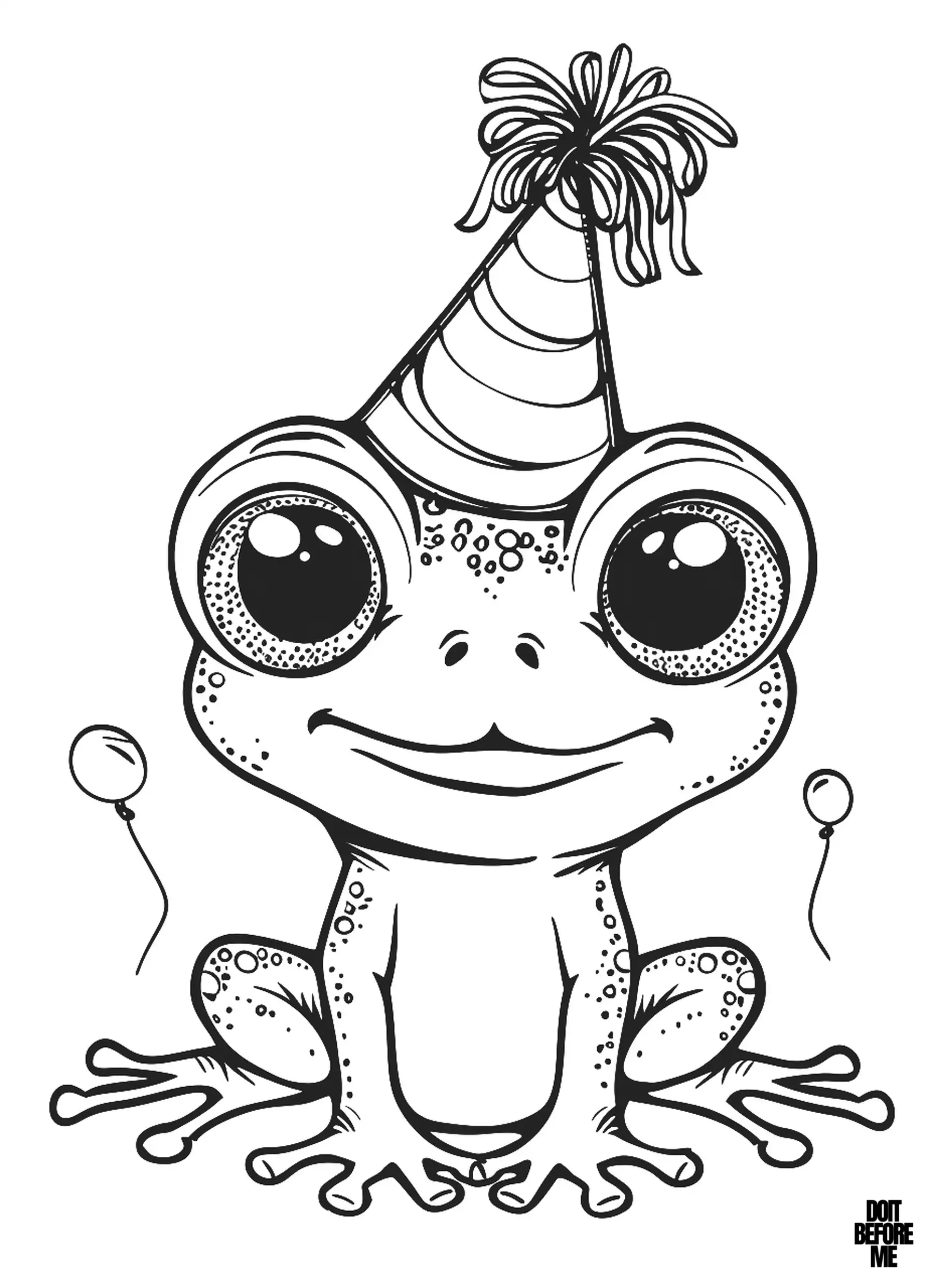 A tiny frog wearing a colorful birthday hat sits between two balloons, poised for birthday celebrations.