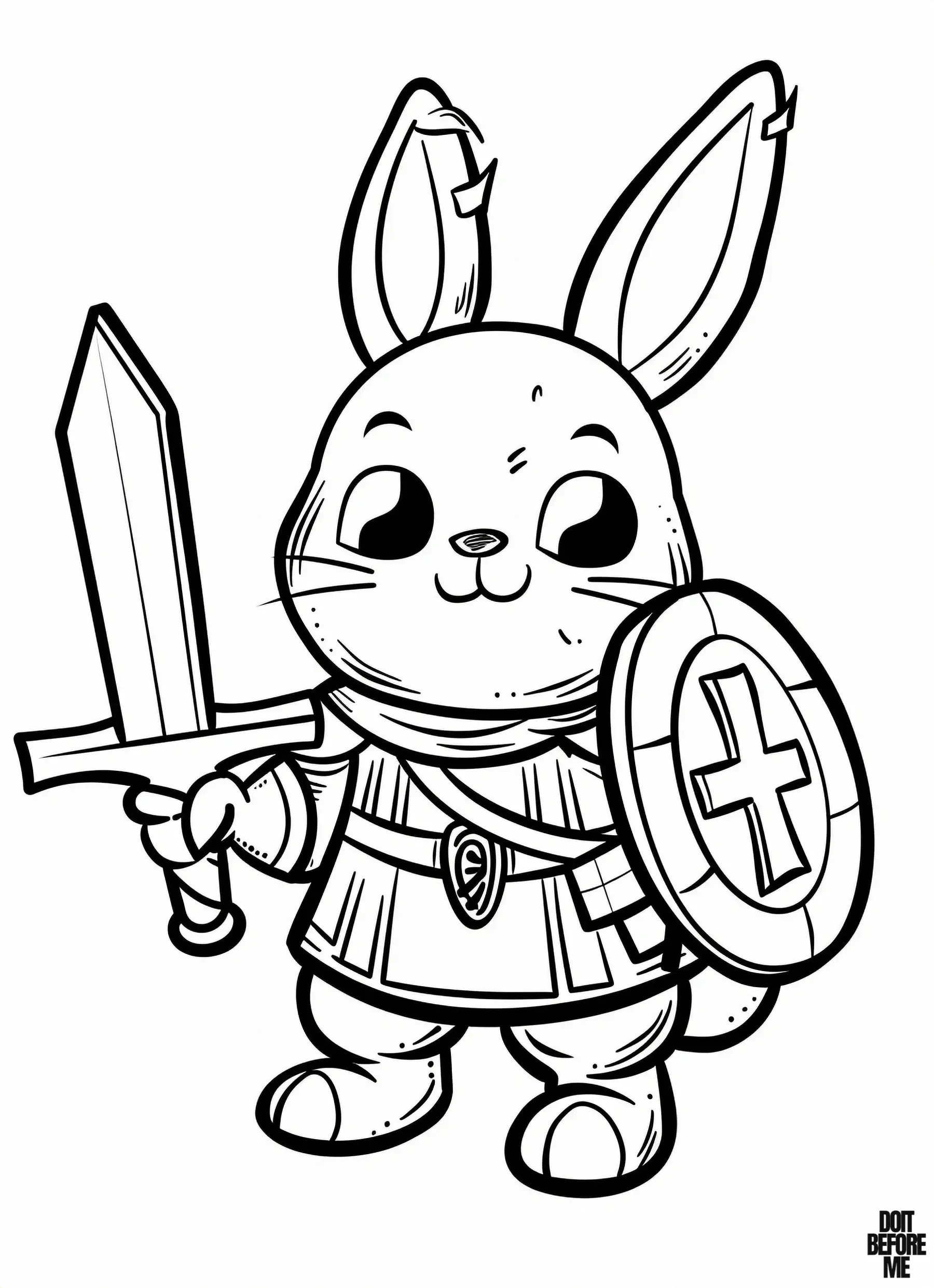 A chivalrous bunny wearing light armor is ready to fight, wielding a sword in one hand and a shield in the other.