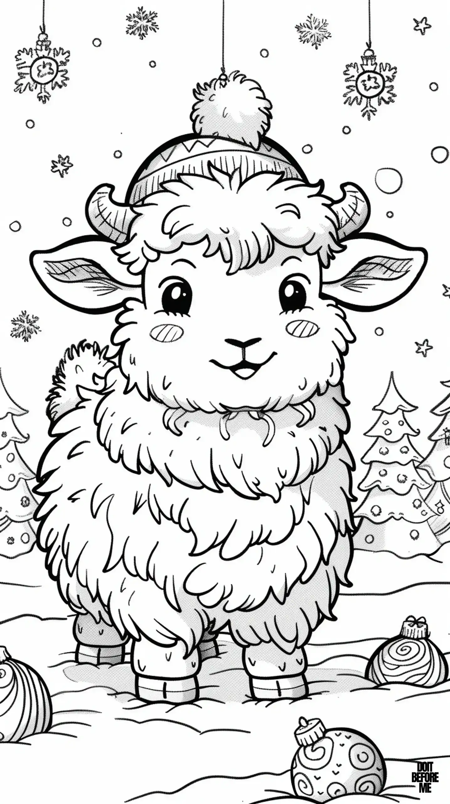 A sheep ready to celebrate Christmas, the sheep has a beret and horns on its head, its cheeks are slightly flushed, Christmas decorations are hanging in the air, and there is a Christmas tree in the background. It is snowing, and there is snow and Christmas decorations on the ground.