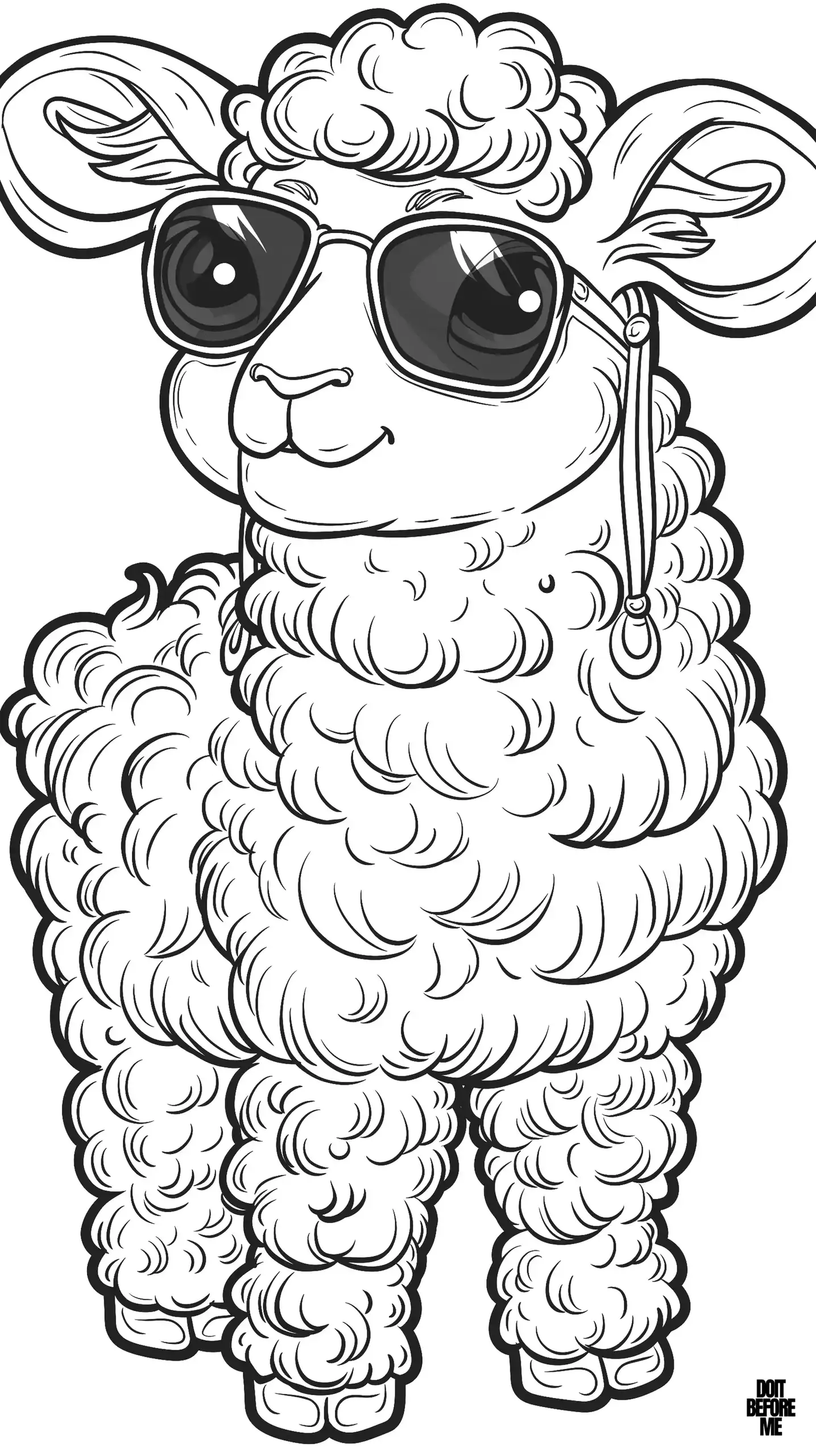 A sheep coolly wearing sunglasses has long curly sheep fur with relatively large ears.