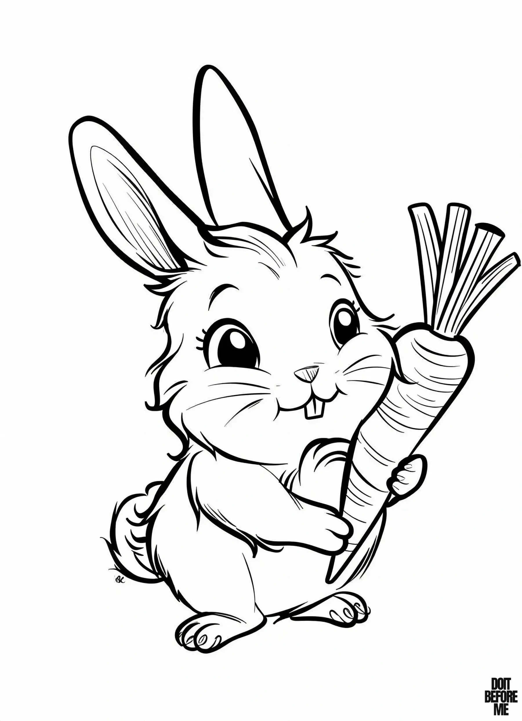 Cute bunny standing on two legs, holding a carrot almost the size of itself with its other two hands, and with its teeth sticking out of its mouth. Rabbit has a smiling expression and is about to eat the carrot with appetite.