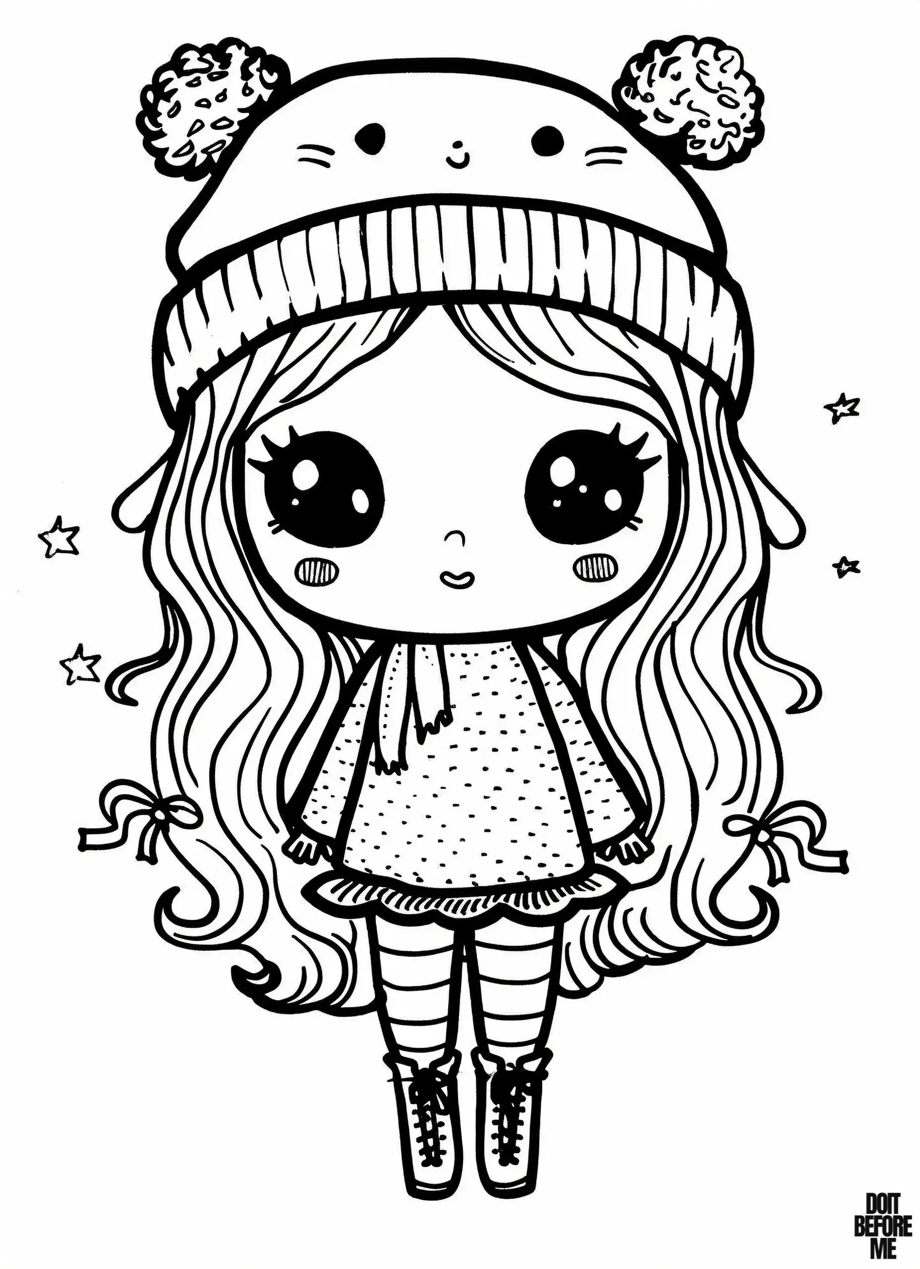 The doll wears a beanie with cute winter pom-poms, a sweater, pantyhose, and a scarf wrapped around her neck, while there are four stars in the background.