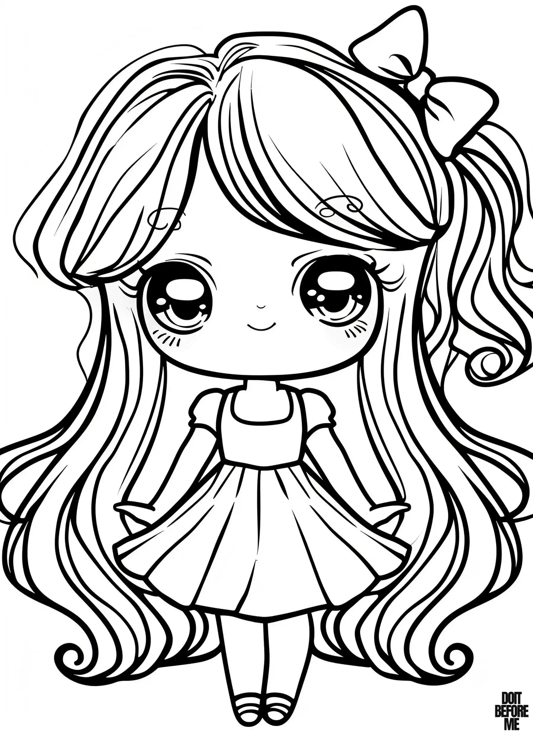 The doll has long hair, her hands open to the side, a small hairpin in her hair, and a cute dress. It's a doll coloring page that is easy to color because it has a simple design.