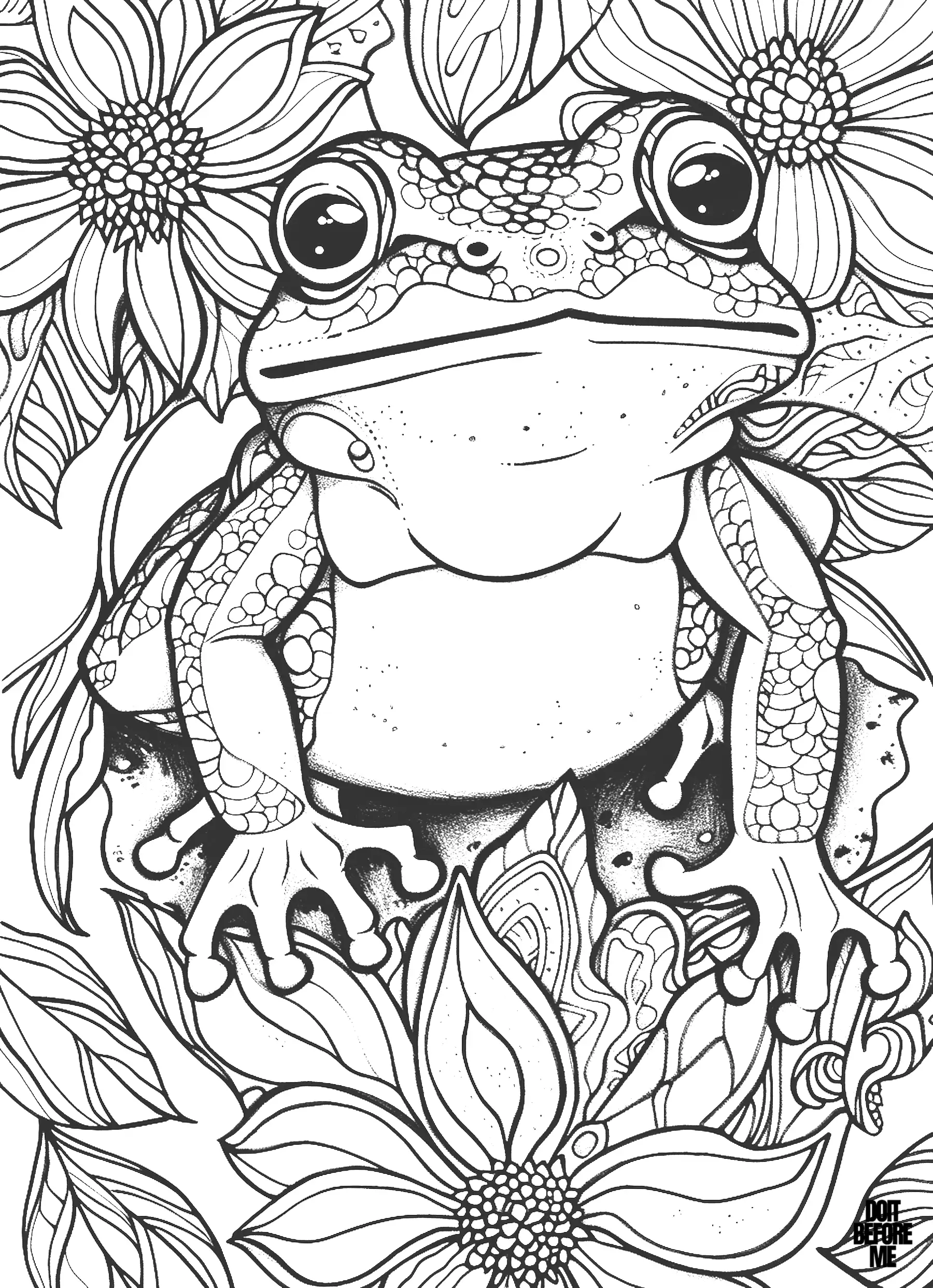 An intricately drawn black and white coloring page featuring an aged frog surrounded by delicate flowers, designed for adults seeking a calming artistic activity.