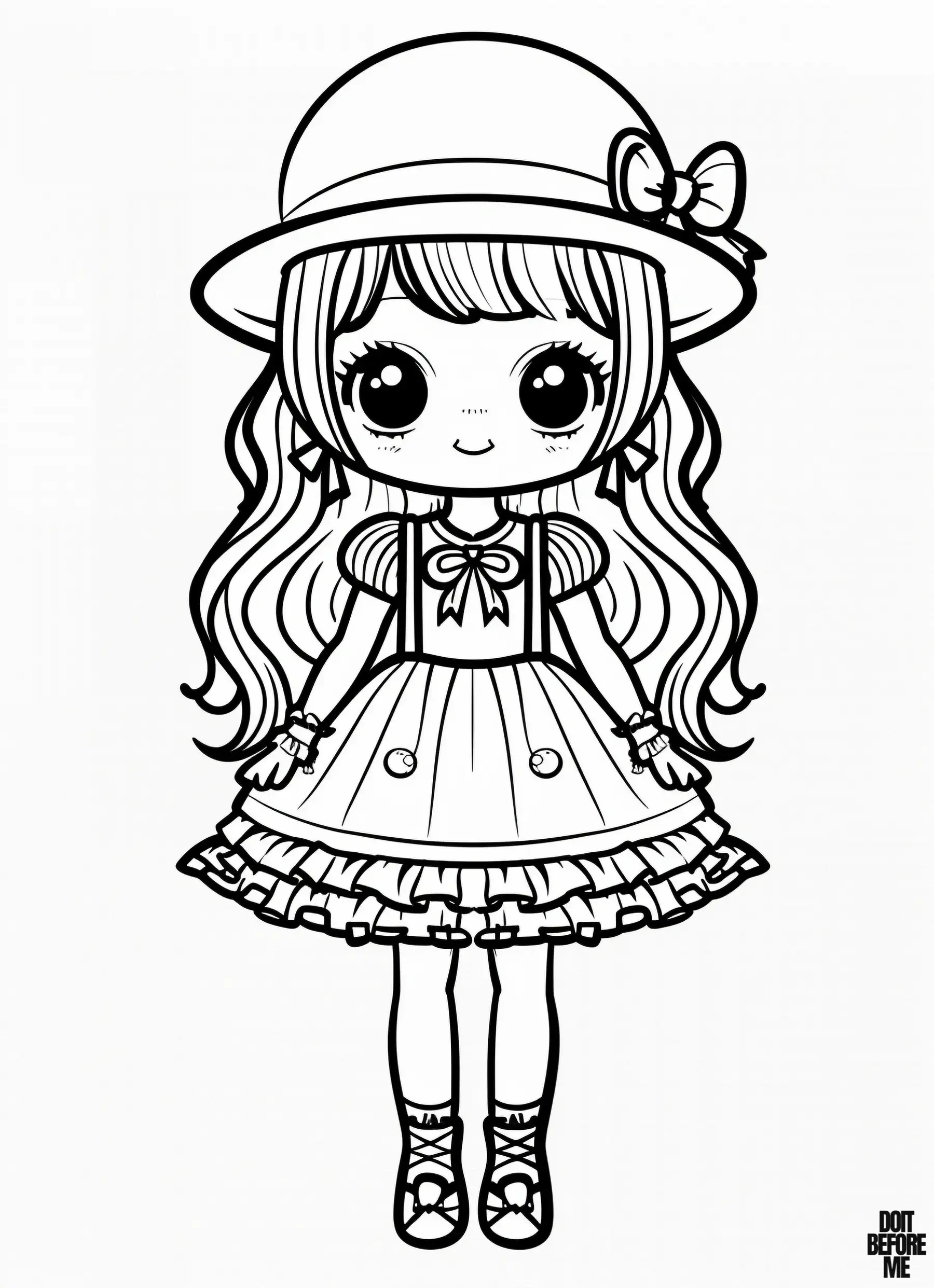 The doll has straight body lines, wears a detailed dress, and sports a summer hat, although it is easy to color.