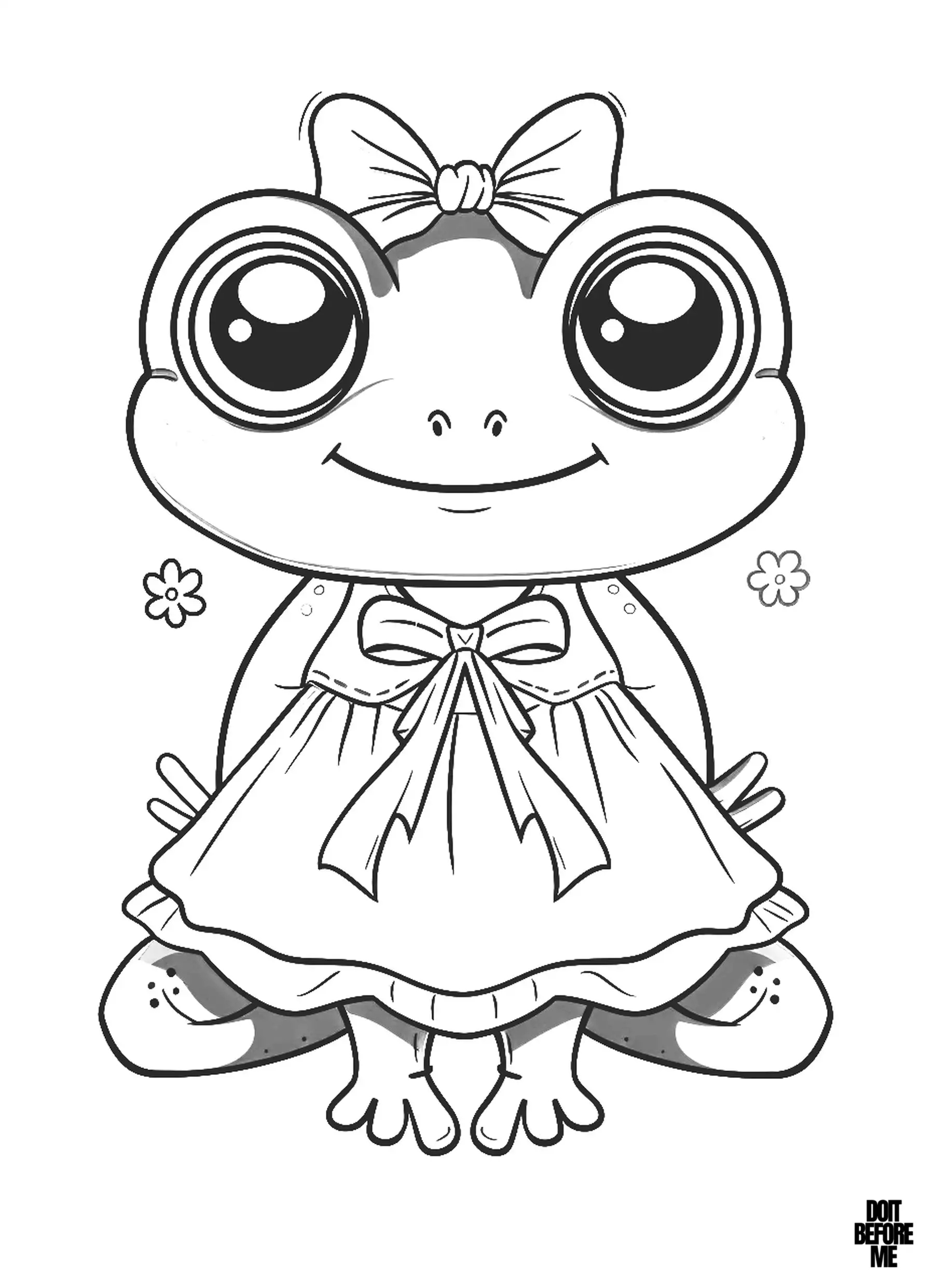 Coloring page featuring a whimsical illustration of a female frog adorned in a charming dress, accessorized with a decorative buckle on her head and a ribbon around her neck. Ideal for young girls to color.