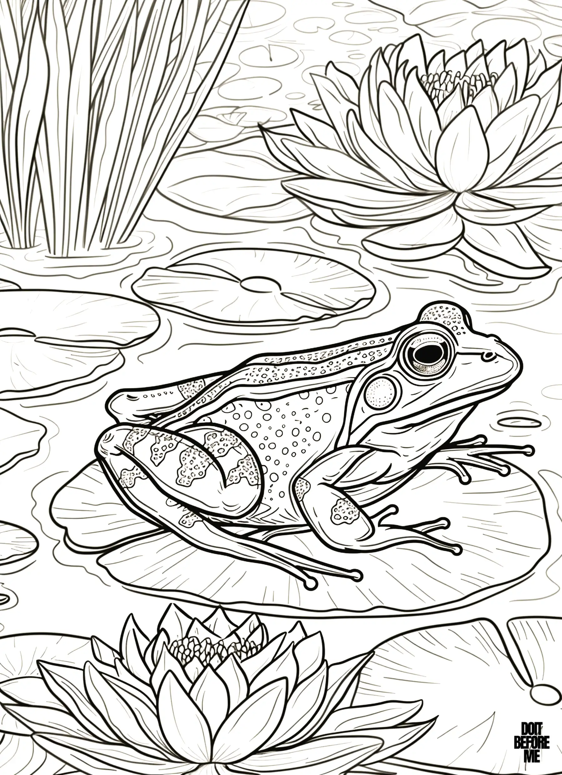 Printable realistic frog coloring page for adults that requires meticulous coloring due to its fine details.