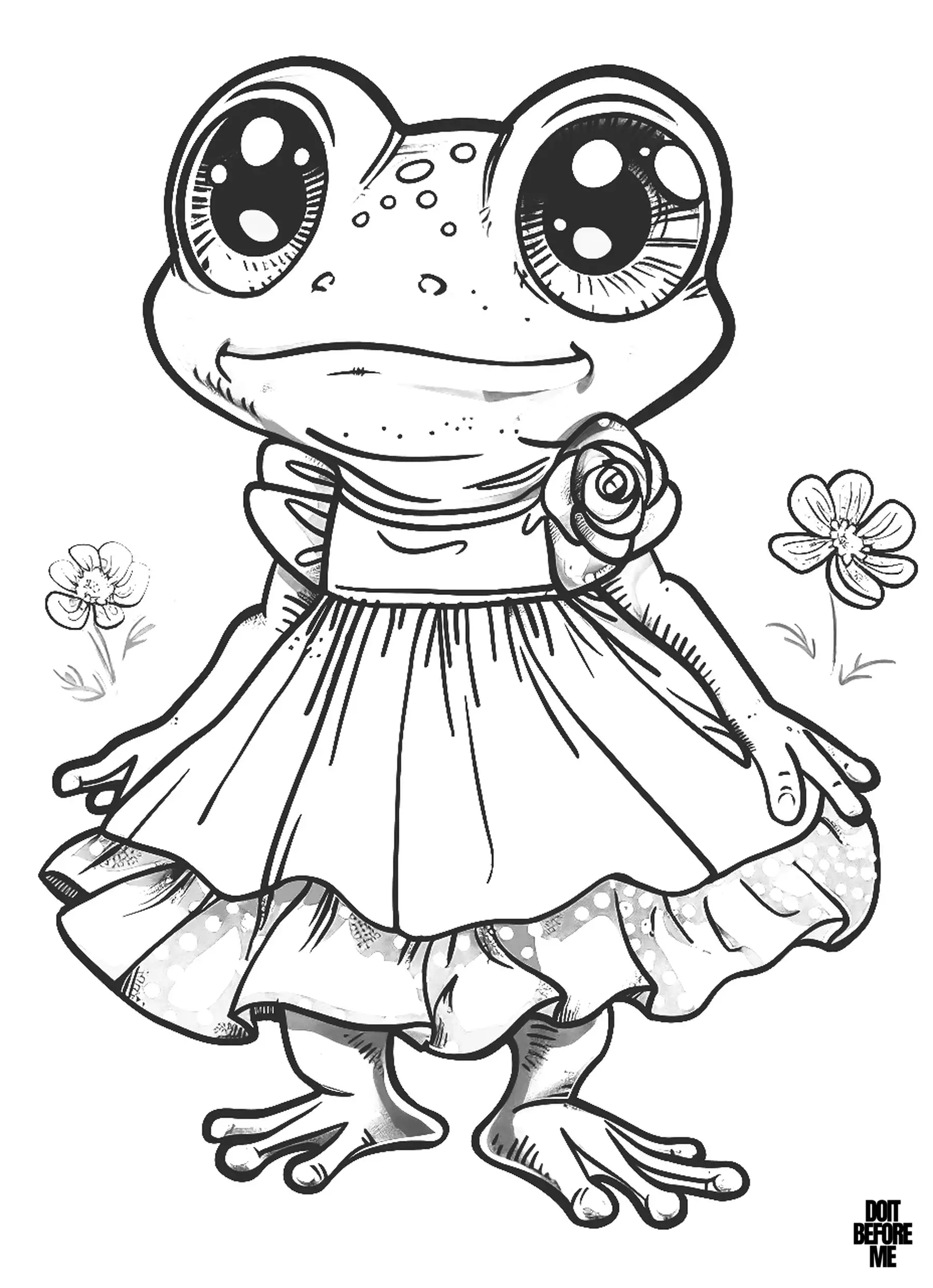 Printable coloring page featuring a beautiful female frog wearing a cute dress, standing on two legs like a human, with a rose pinned to her left shoulder, her giant kawaii eyes shining with happiness. With its cute design, it is especially suitable for girls to color, but it also appeals to adults as it requires detailed coloring.