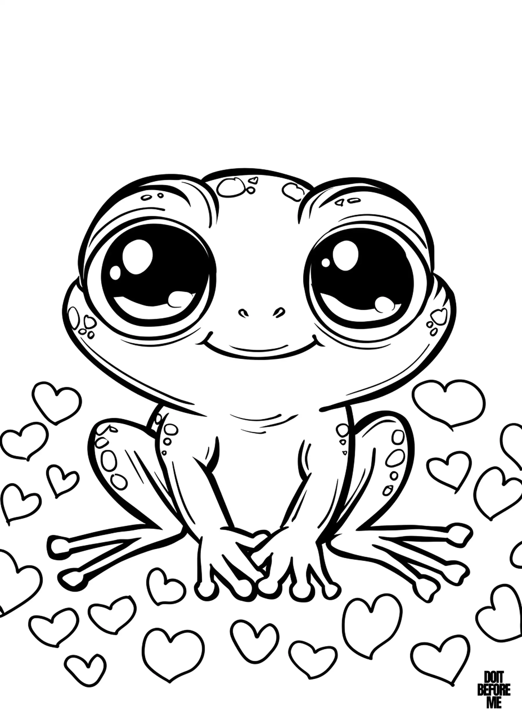 Cute baby frog with big eyes and a smiling face, surrounded by heart shapes, sitting upright.