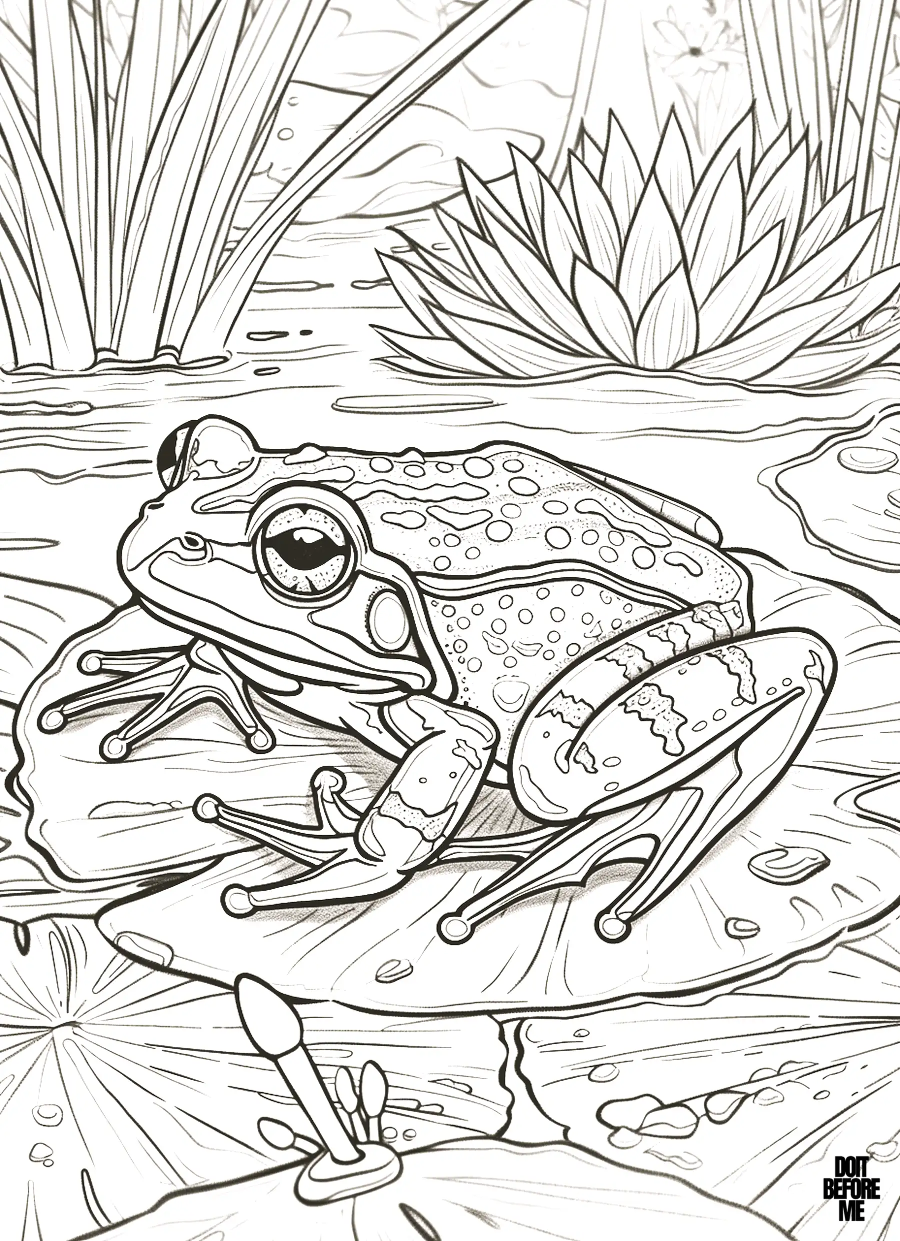 Printable coloring page, designed in detail for adults to color, features a realistic looking adult frog standing on a water lily on the lake and ready to jump, with some swamp plants in the background.