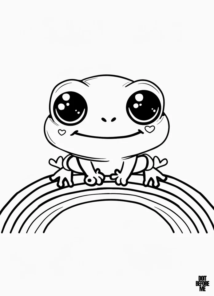 Cute baby frog sitting on a rainbow with little hearts on its cheeks coloring page for kids.