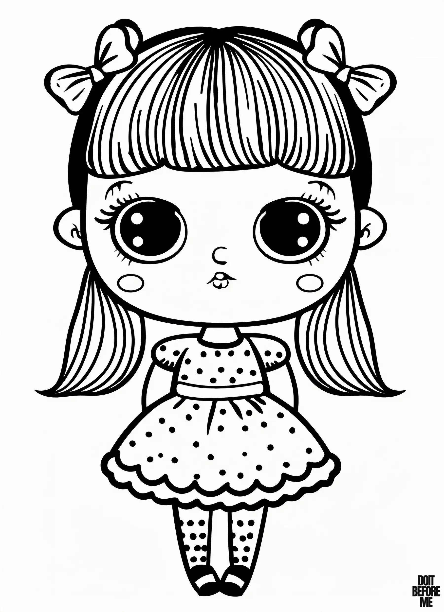 A cute doll with combed hair, ribbon buckles on both sides, big eyes, a cute spotted dress, tiny lips, and cute cheeks.