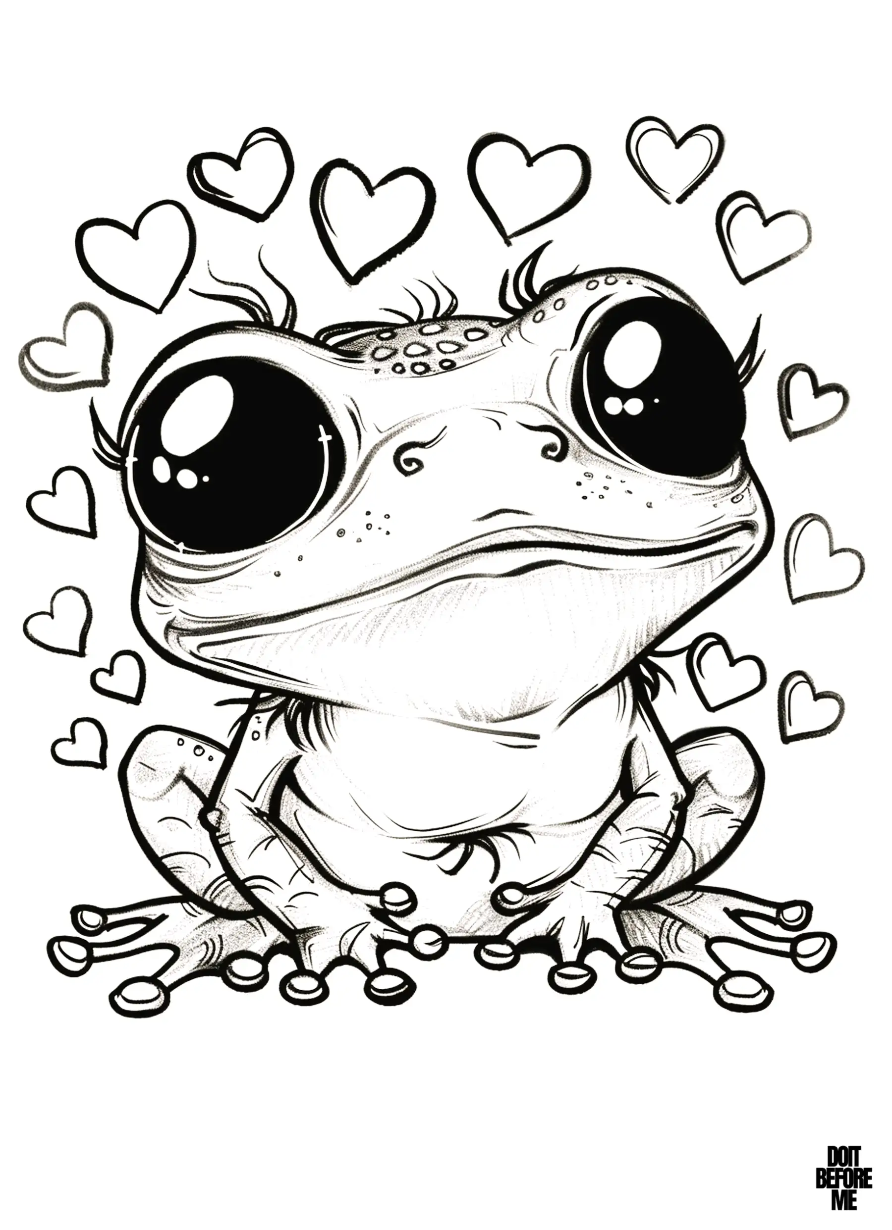 Big-eyed aesthetic frog with little colorable hearts around it coloring page.