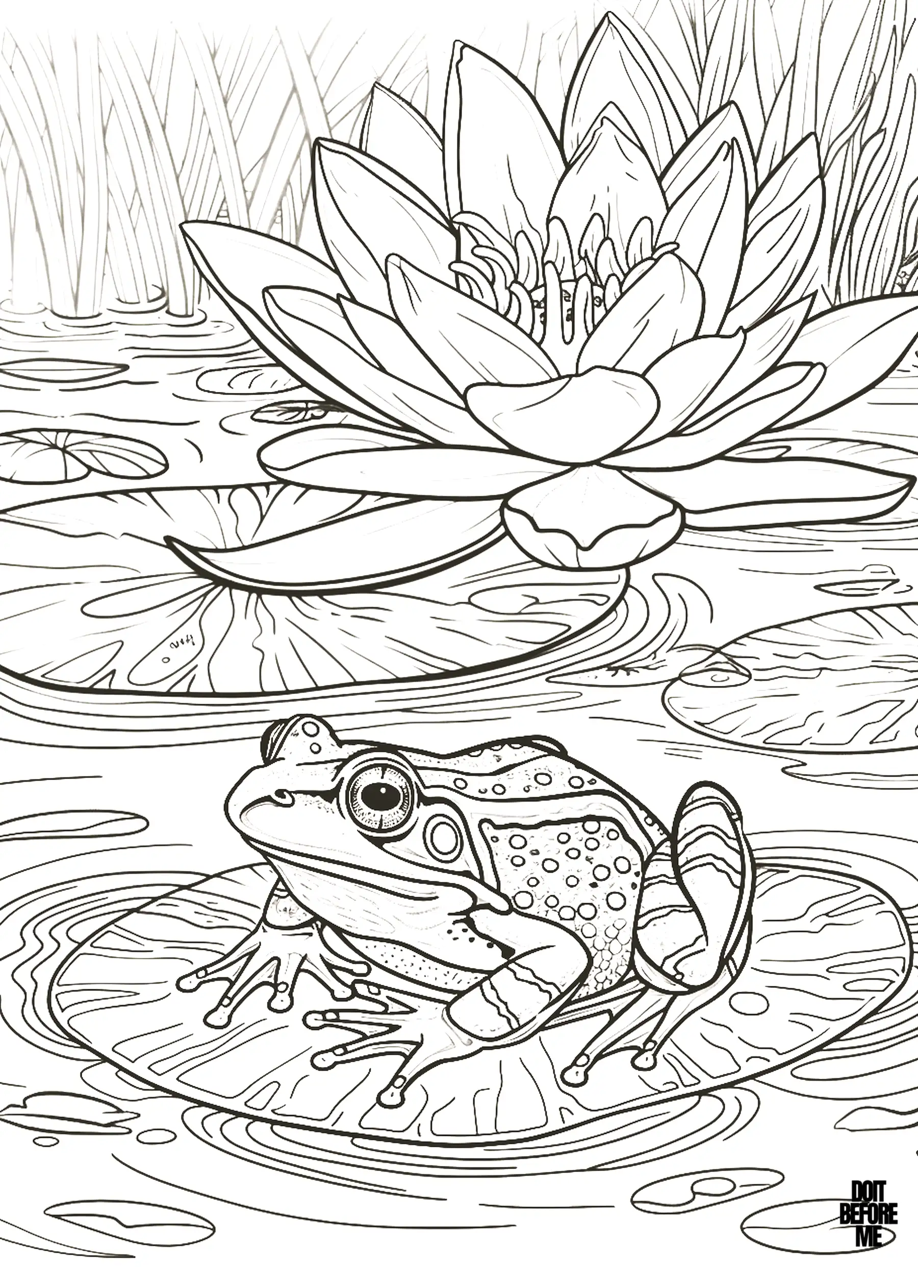 There is an adult frog on the lily, with details down to the pores of the frog's skin. There is a blooming lotus flower in the background.