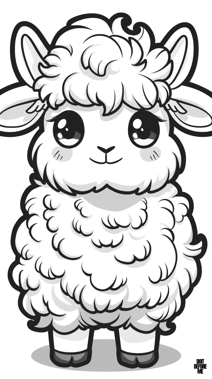 Cute kawaii baby lamb with glowing eyes that look like a cartoon coloring page.