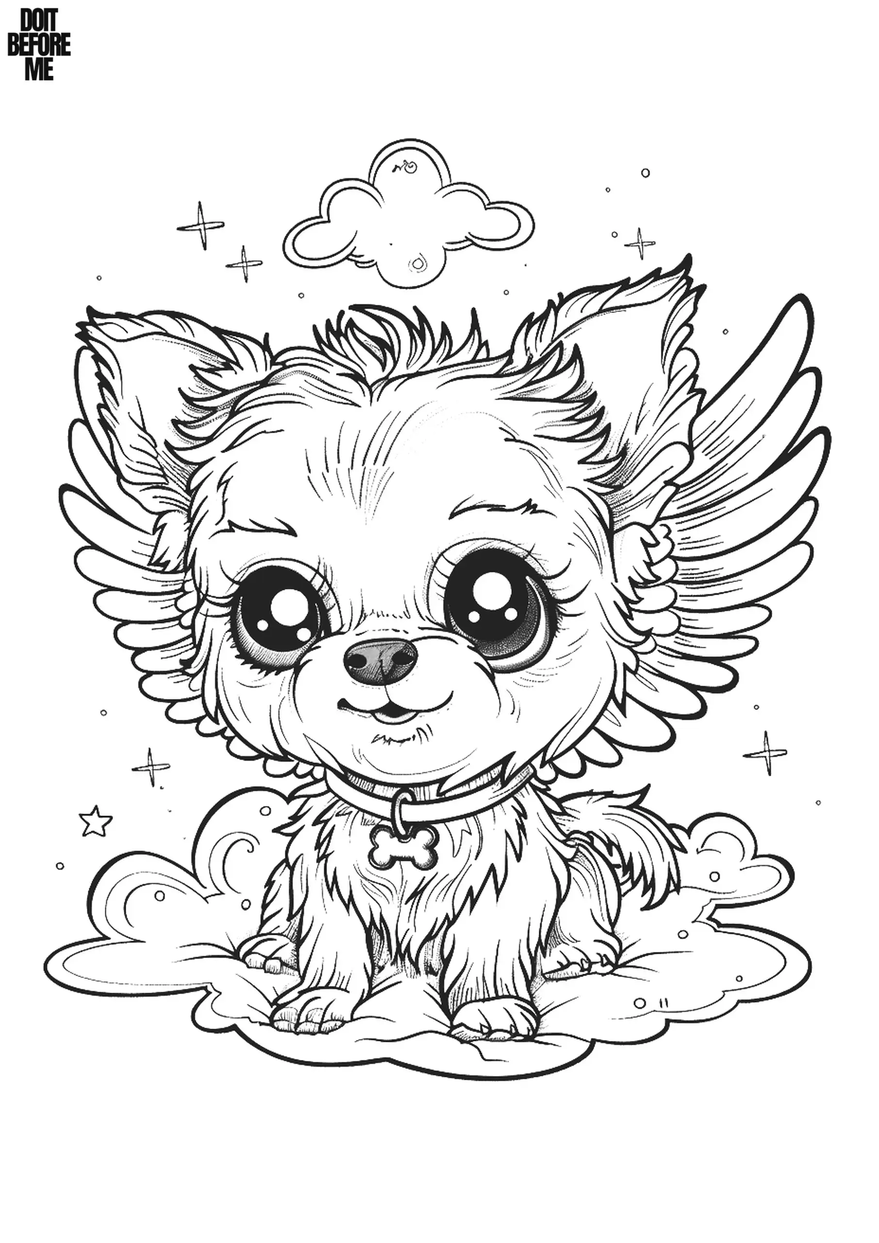 Cute dog with angel wings sitting on a cloud in the heaven.