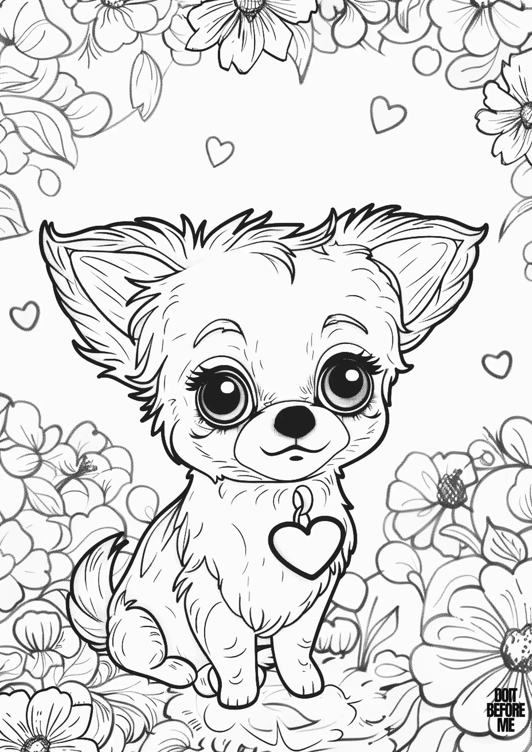 Small dog resembling a Chihuahua like appearance with a heart-shaped tag. There are flowers and small hearts at the background of the coloring page.