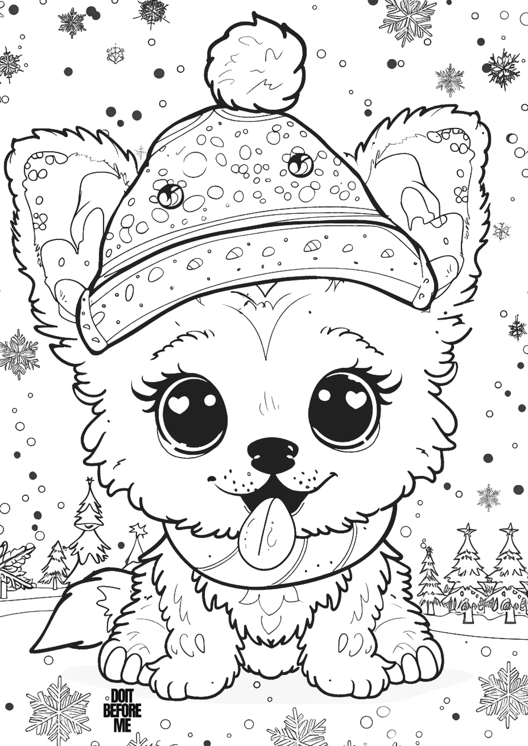 A fluffy dog has sparkling eyes, a small nose, and its tongue sticking out, he wears a winter hat with a pom-pom ready to celebrate Christmas. In the background there are snowflakes falling.