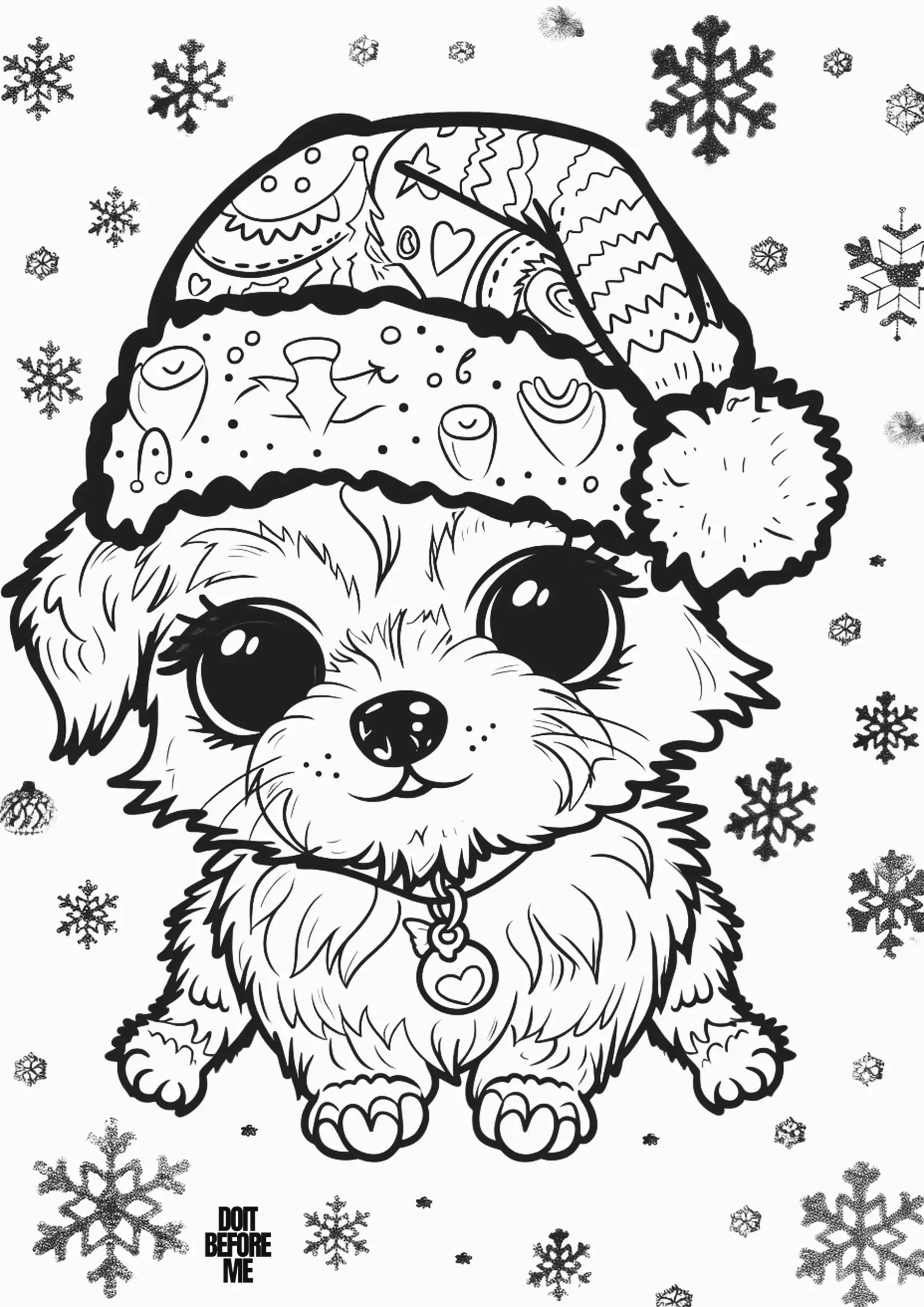 Cute puppy wearing a Christmas festive winter hat with a pom-pom. There are snowflakes in the background.