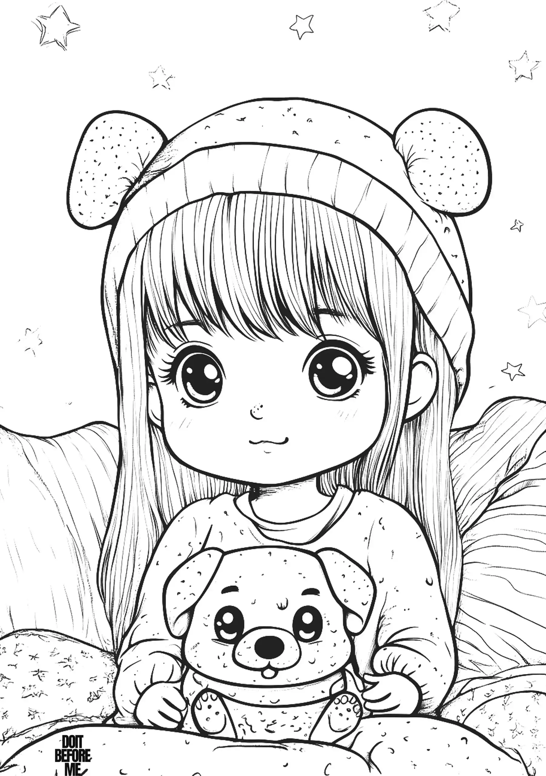 Cute little girl wearing a cozy hat with bear ears holds a small puppy in her lap surrounded by soft pillows and a starry night backdrop.