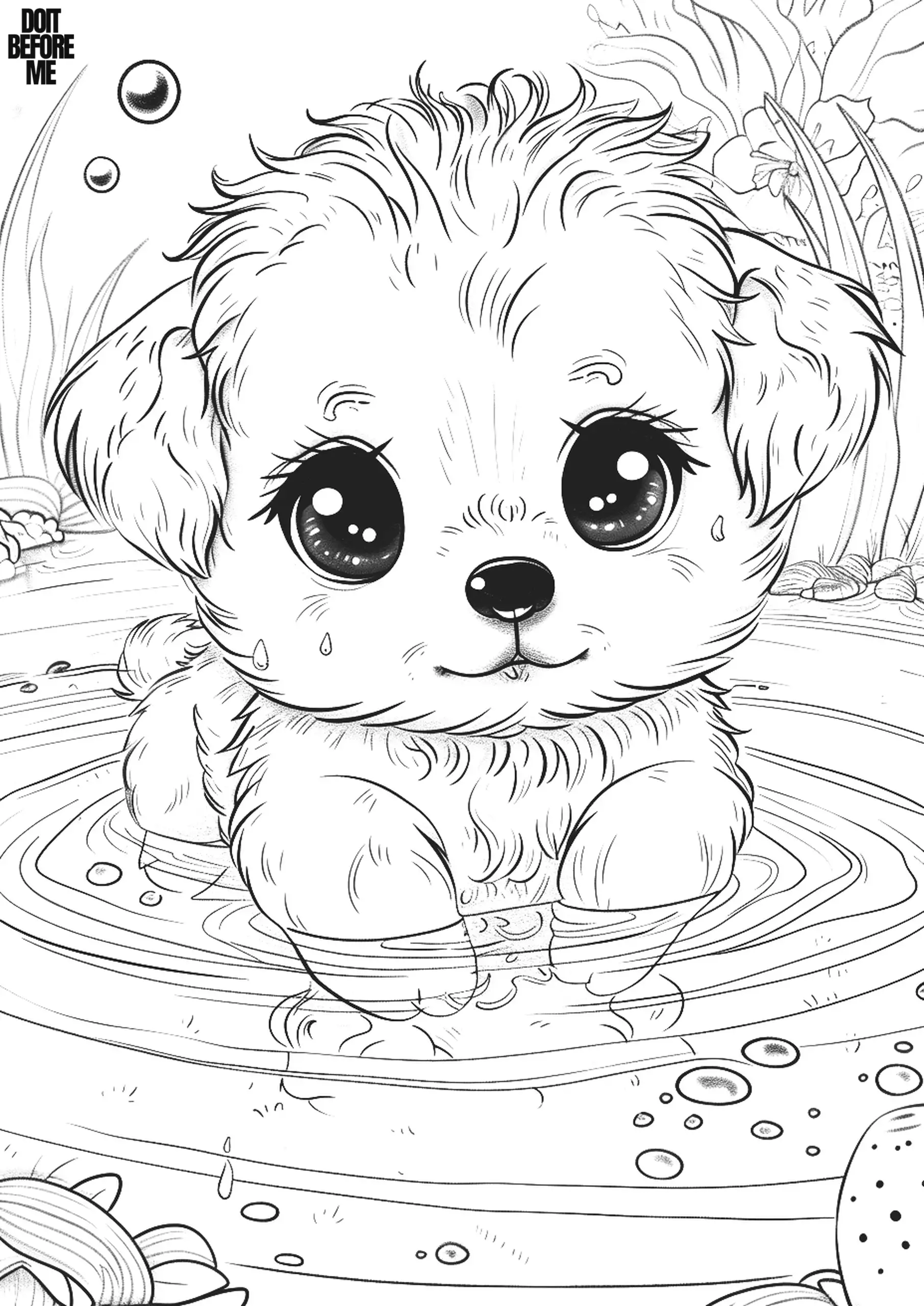 Cute wet puppy swimming in a shallow pool of water.