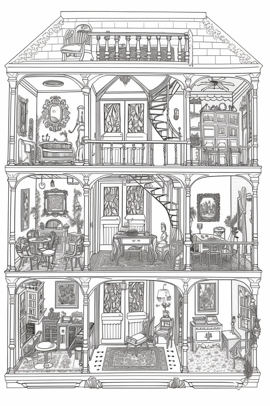 Detailed dollhouse coloring pages free printable