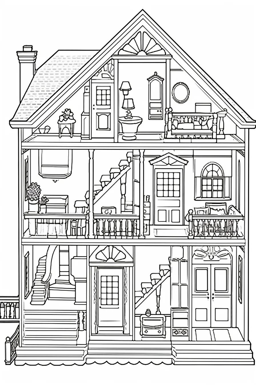 Detailed dollhouse coloring pages free