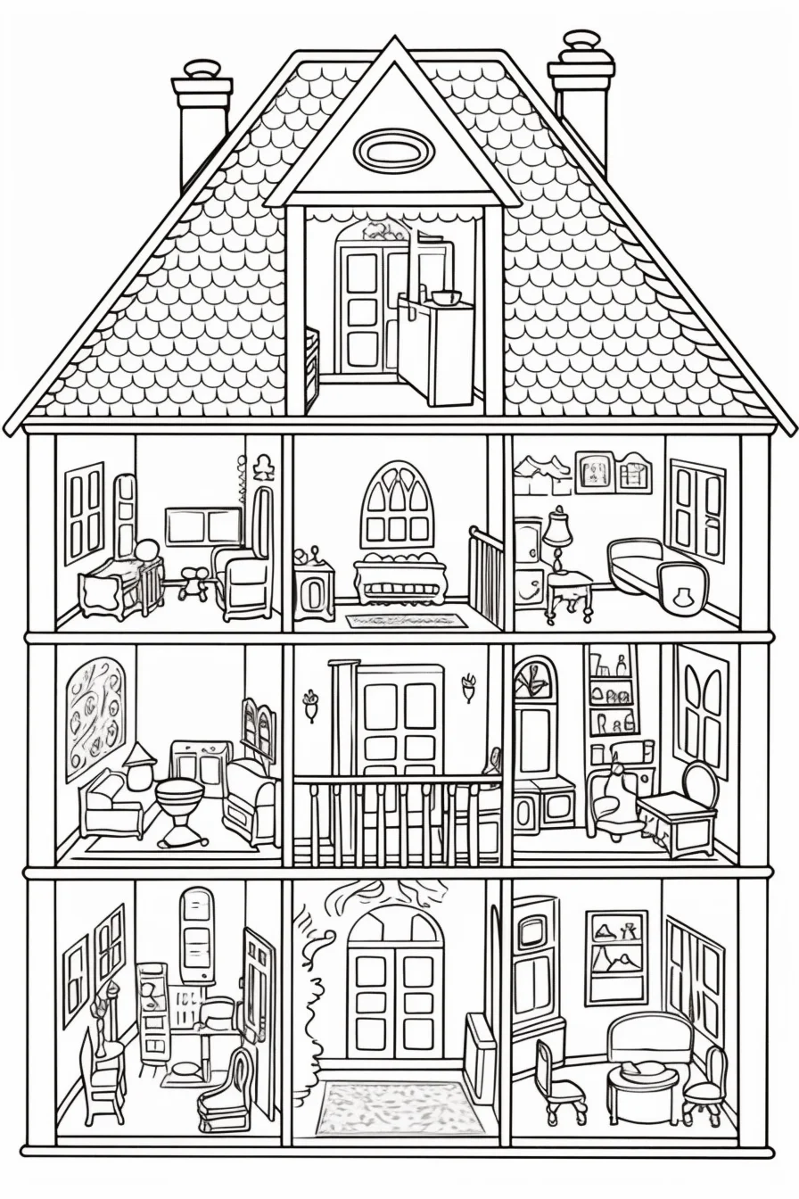 Detailed dollhouse coloring pages