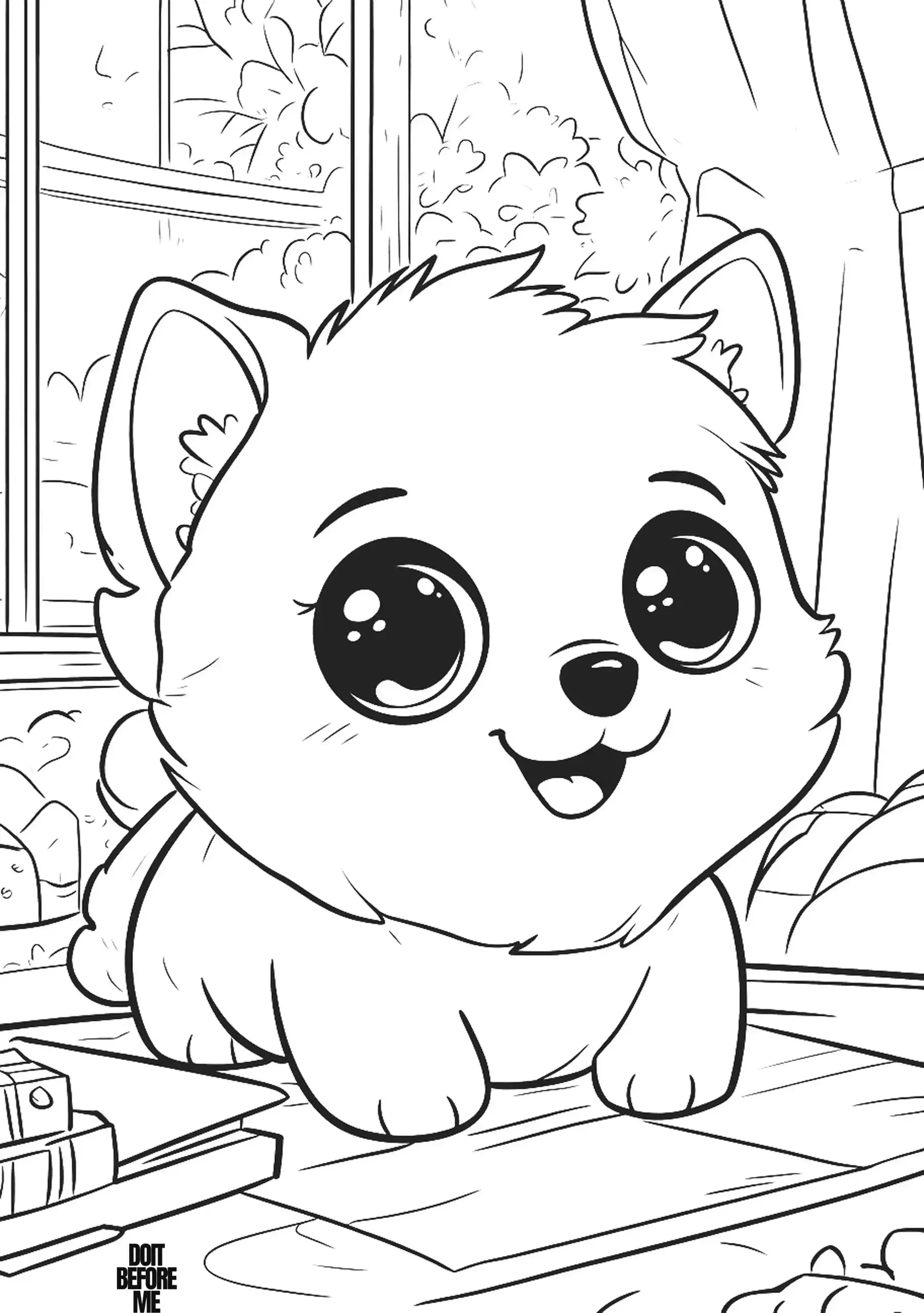 Cute puppy with big eyes sits by a window, the coloring page design is easy for kids to color.