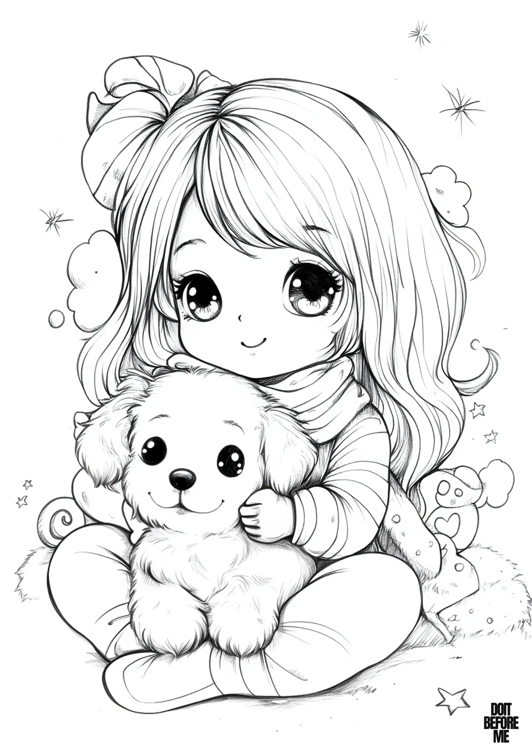 Young girl with long hair and a big bow sits cross-legged, hugging a fluffy puppy with gentle eyes. The background is surrounded by whimsical details like soft clouds and stars, perfect for kids who love dogs.