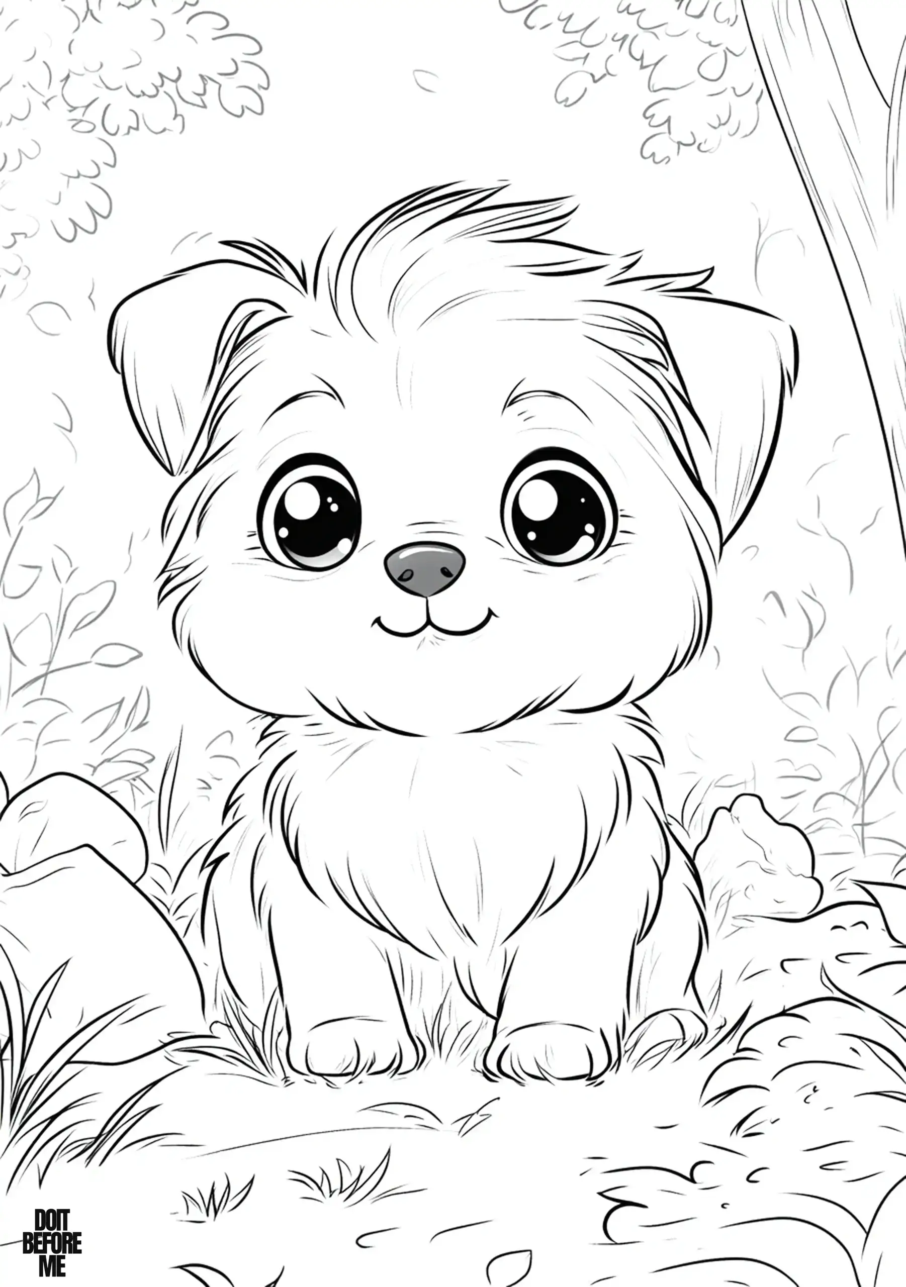 Fluffy Maltese puppy with floppy ears and sparkling eyes, sitting in an outdoor setting surrounded by grass, rocks, and trees. This coloring page is suitable for kindergarteners due to its simple nature background.