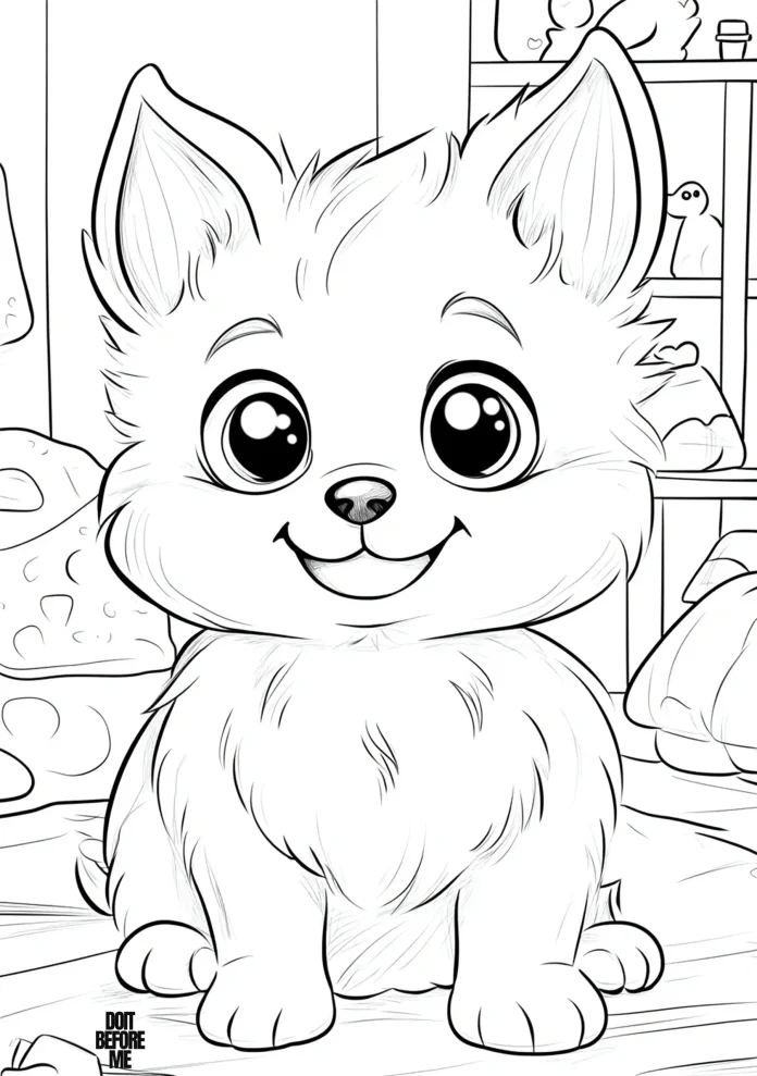 Cute puppy with perky ears and a fluffy coat, sitting happily in a cozy indoor setting surrounded by soft decorations. This coloring page is suitable for toddlers due to its simple details.