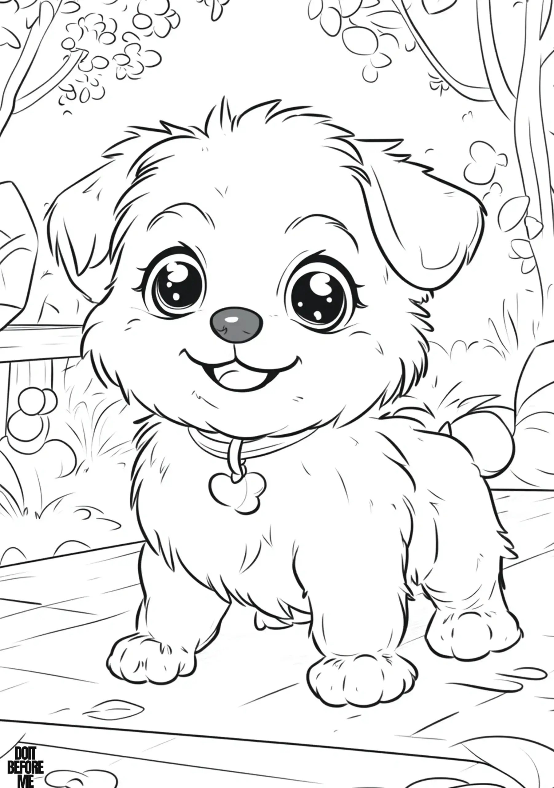 Cheerful fluffy puppy wearing a collar with a heart shaped tag stands on a wooden path surrounded by a garden filled with trees and shrubs. The dog has big and sparkling eyes.