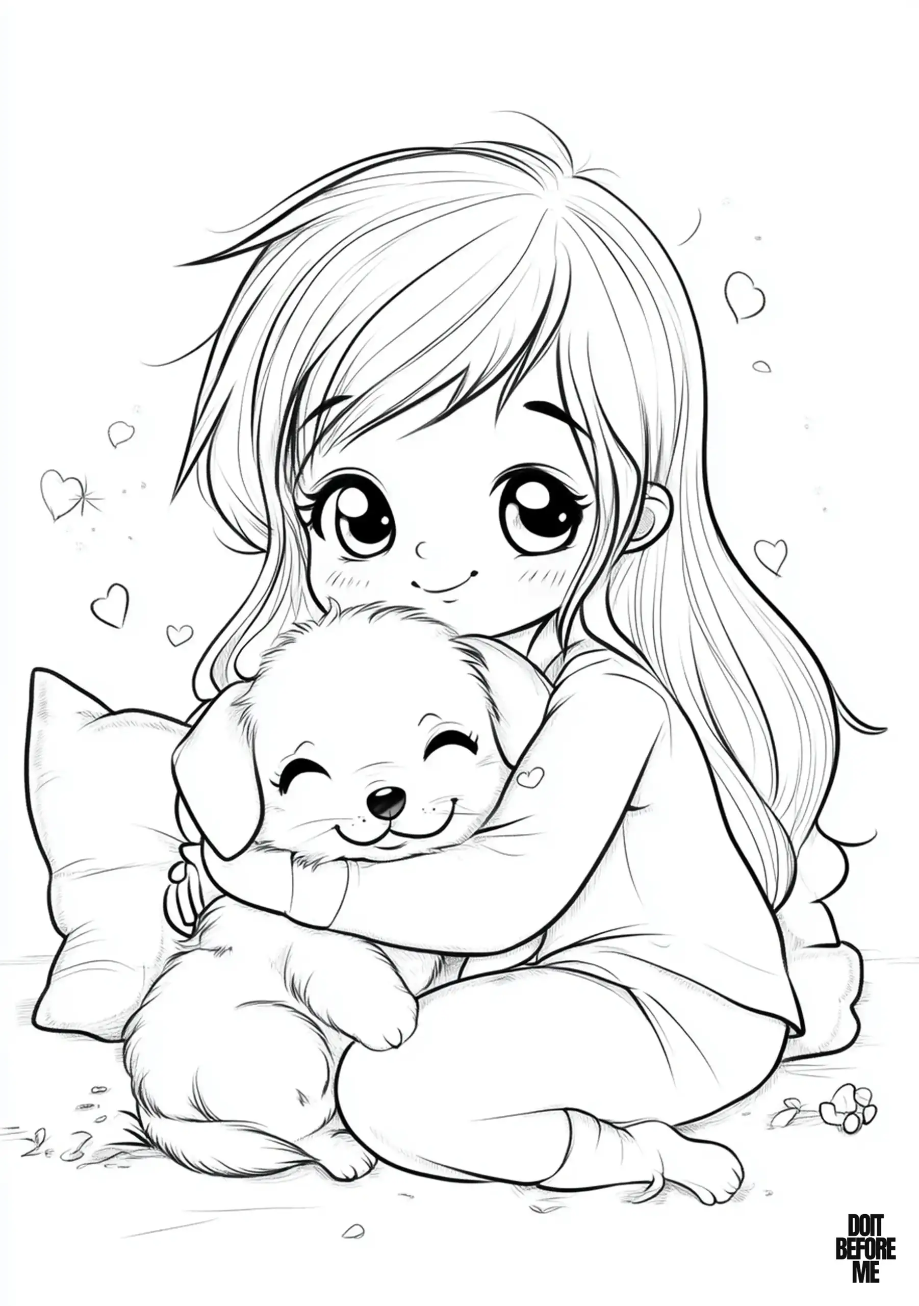 Young girl with long hair sits on a pillow, hugging a happy Golden Retriever puppy with hearts floating around them.