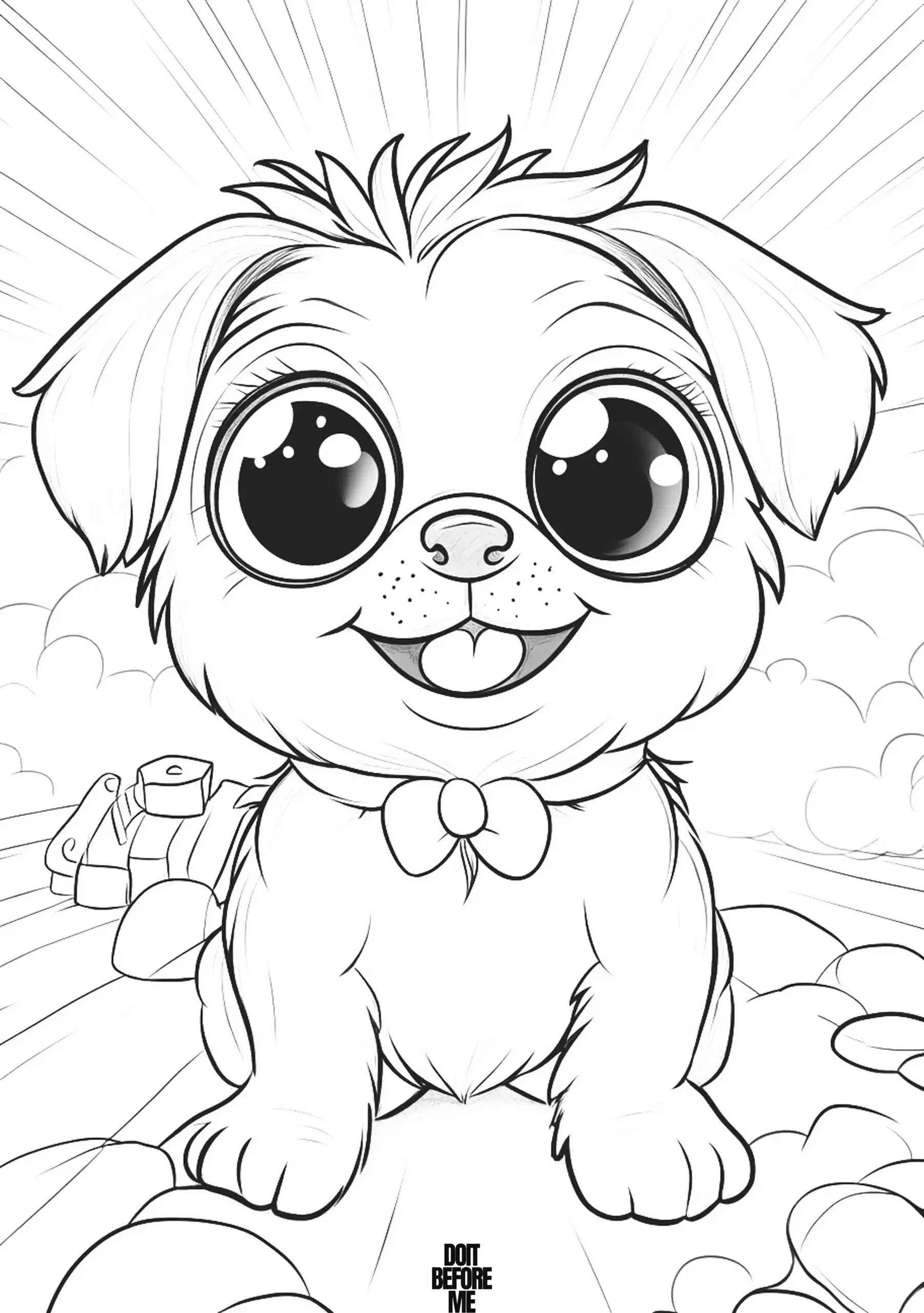 Kawaii puppy with floppy ears, a bow collar, and expressive eyes. This coloring page is perfect for kindergarteners.